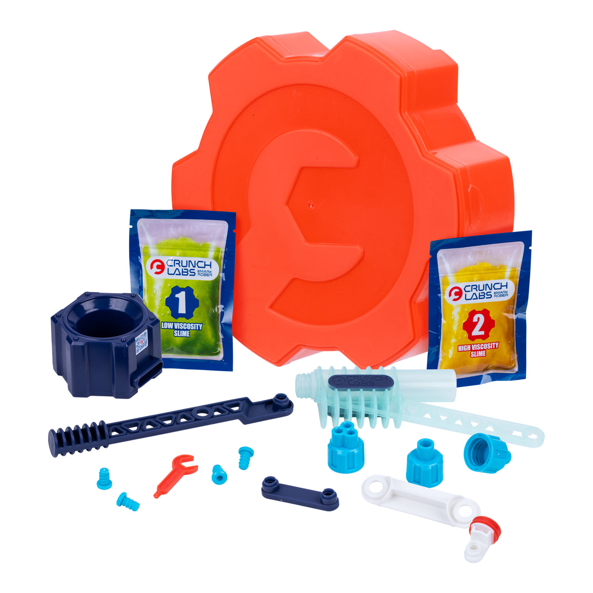 A Moose Toys Crunch Lab Crunch Kit Slime Prank Lab, featuring an orange gear-shaped box, sits alongside two slime packets, plastic tool parts, connectors, and blue, red, and black components—all arranged neatly on a white background. This kit provides hands-on learning fun for curious minds.