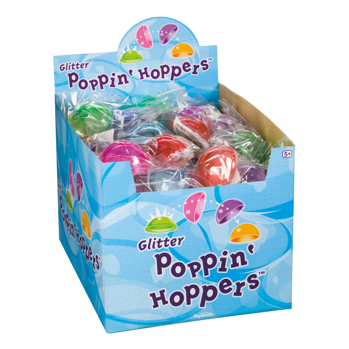 The Toysmith Jumbo Glitter Poppin Hopper is a blue box from Toysmith filled with individually wrapped, colorful, glittery plastic popping toys for kids—each package features playful text and fun cartoon graphics.
