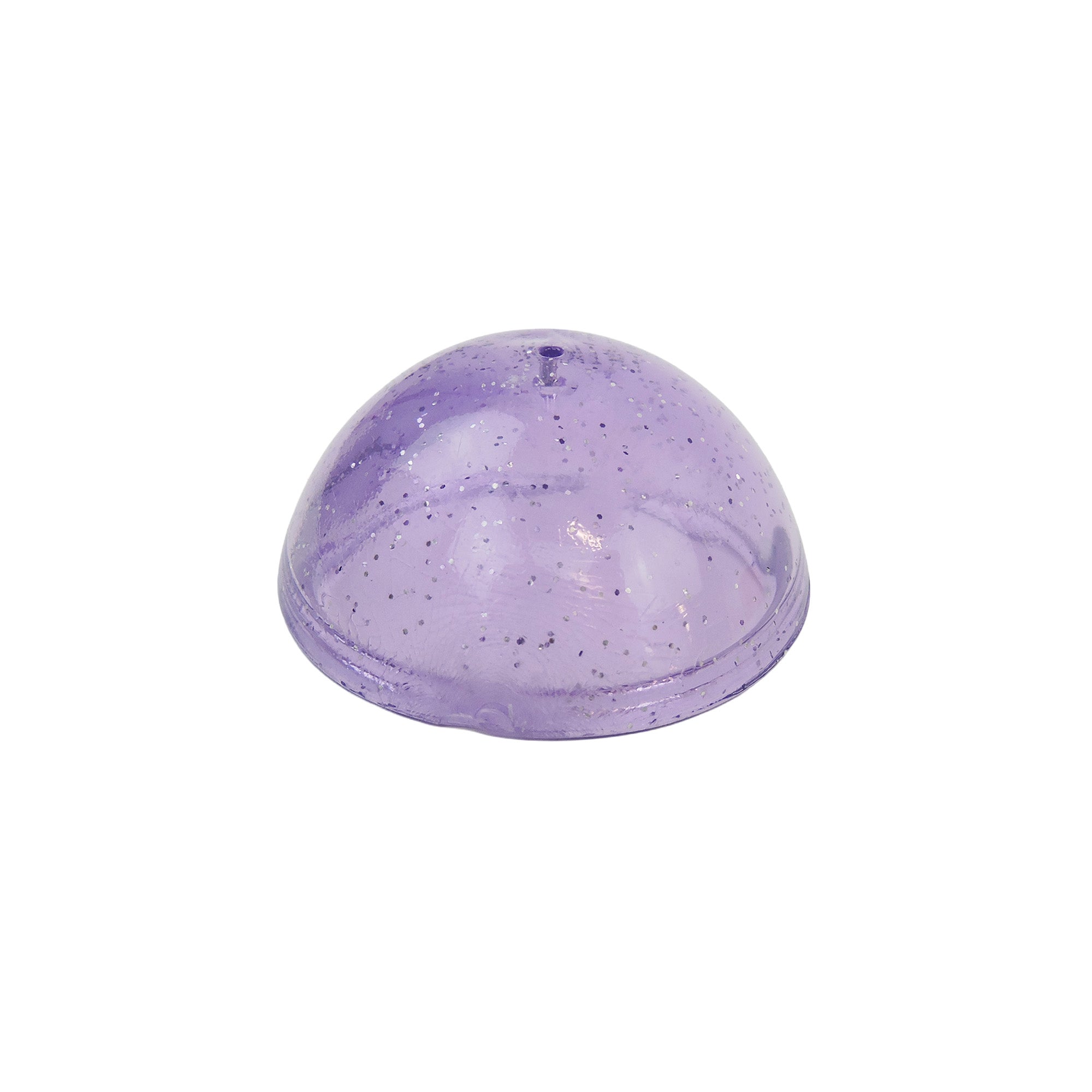 The Toysmith Jumbo Glitter Poppin Hopper by Toysmith is a translucent, dome-shaped purple toy with small black speckles, shown on a white background.