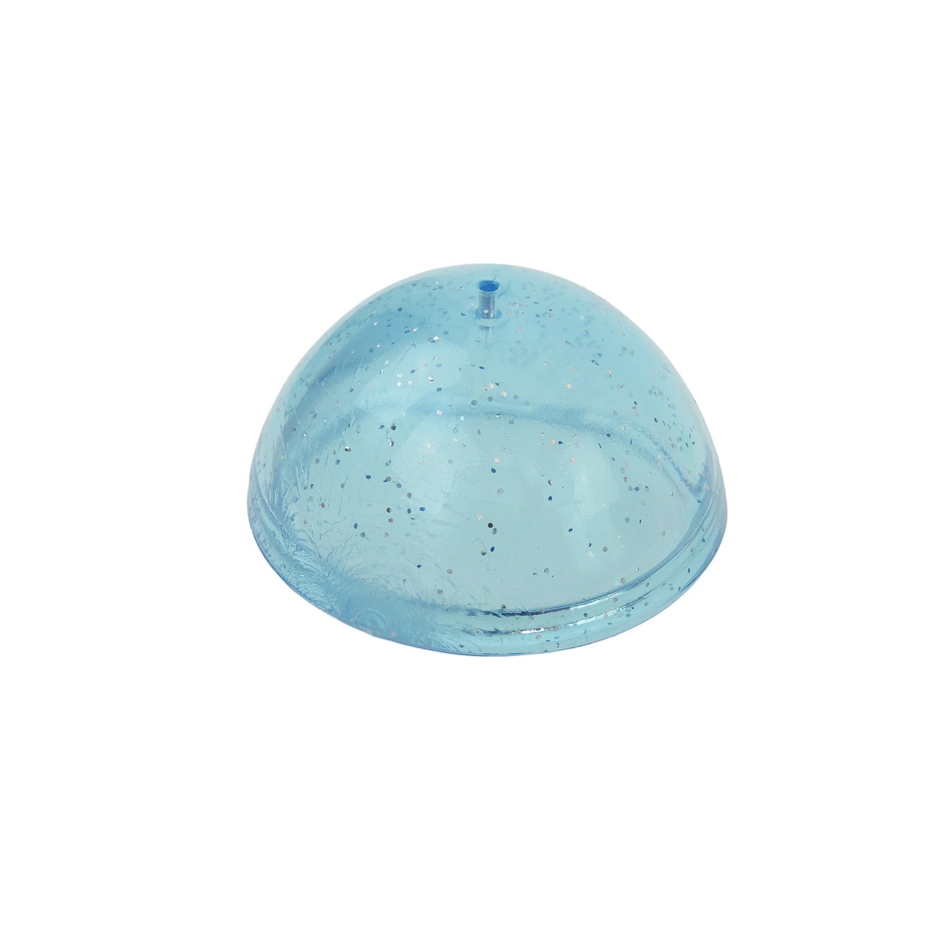 The Toysmith Jumbo Glitter Poppin Hopper by Toysmith is a translucent blue half-dome with tiny glitter inside and a small blue nozzle at the top center.