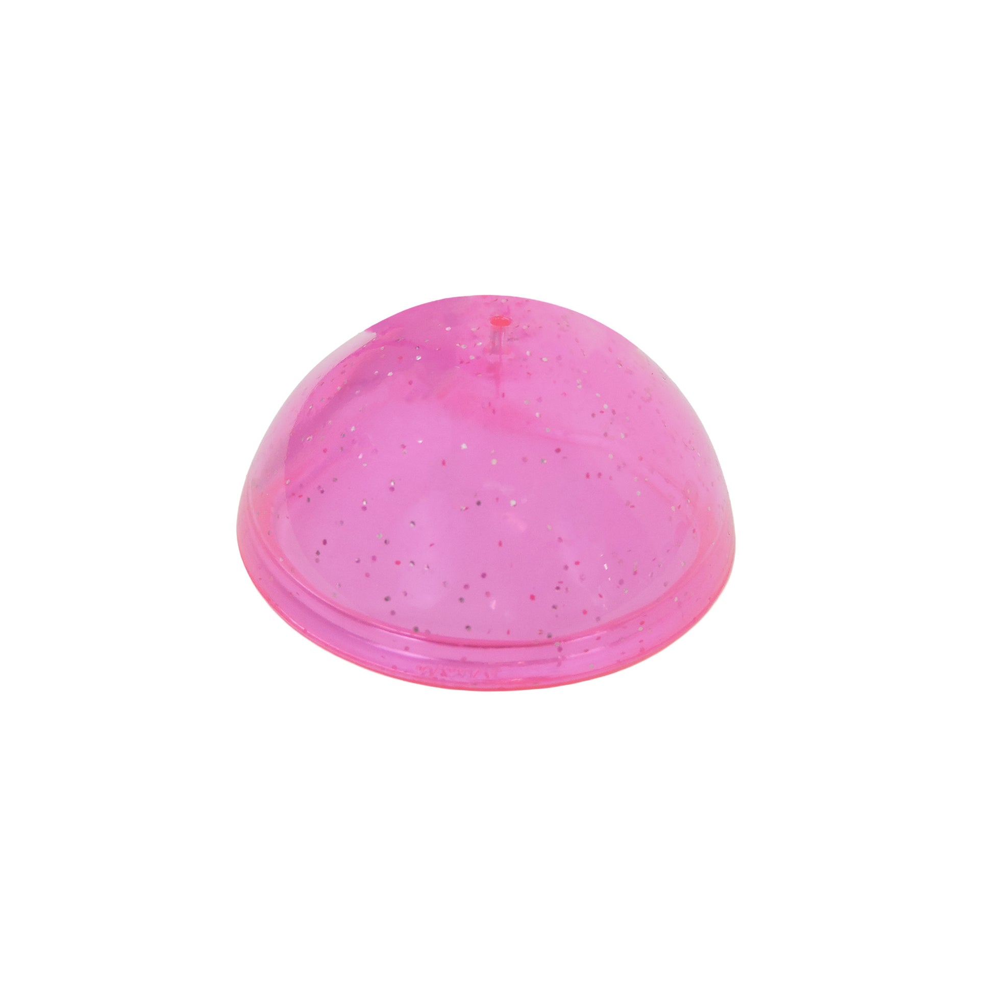 The Toysmith Jumbo Glitter Poppin Hopper by Toysmith is a pink, dome-shaped, semi-transparent bouncy ball with glitter inside, displayed on a white background.