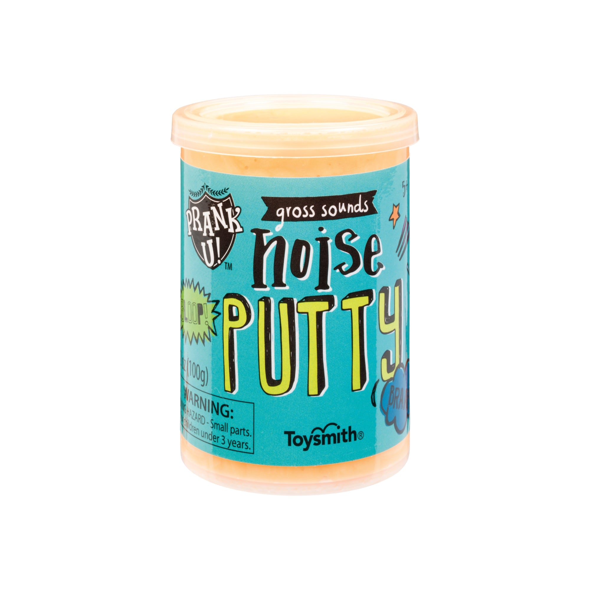 A large plastic jar of Prank U Large Jar of Potty Noise Putty filled with orange putty, featuring a teal label with yellow and black “gross sounds noise putty” text and a warning for small parts—great for sensory fidget play.