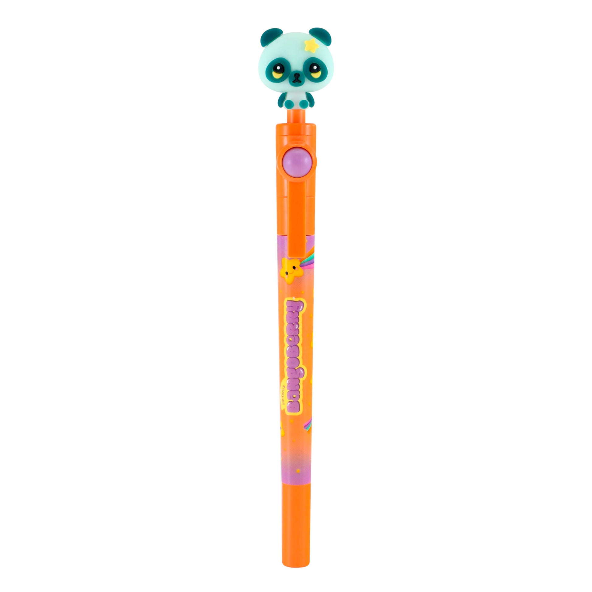 The Bangoberry Spinning Pen Assortment features an orange pen with a purple button, a cute panda face topper, star decorations, and a small yellow chick illustration near the middle.