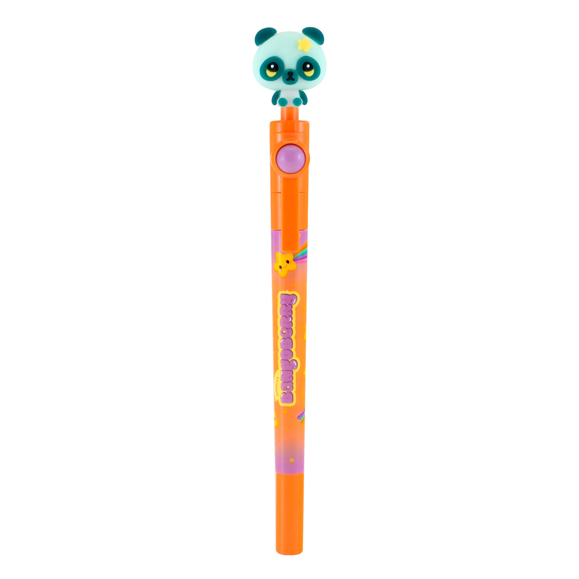 The Bangoberry Spinning Pen Assortment features an orange pen with a purple button, a cute panda face topper, star decorations, and a small yellow chick illustration near the middle.