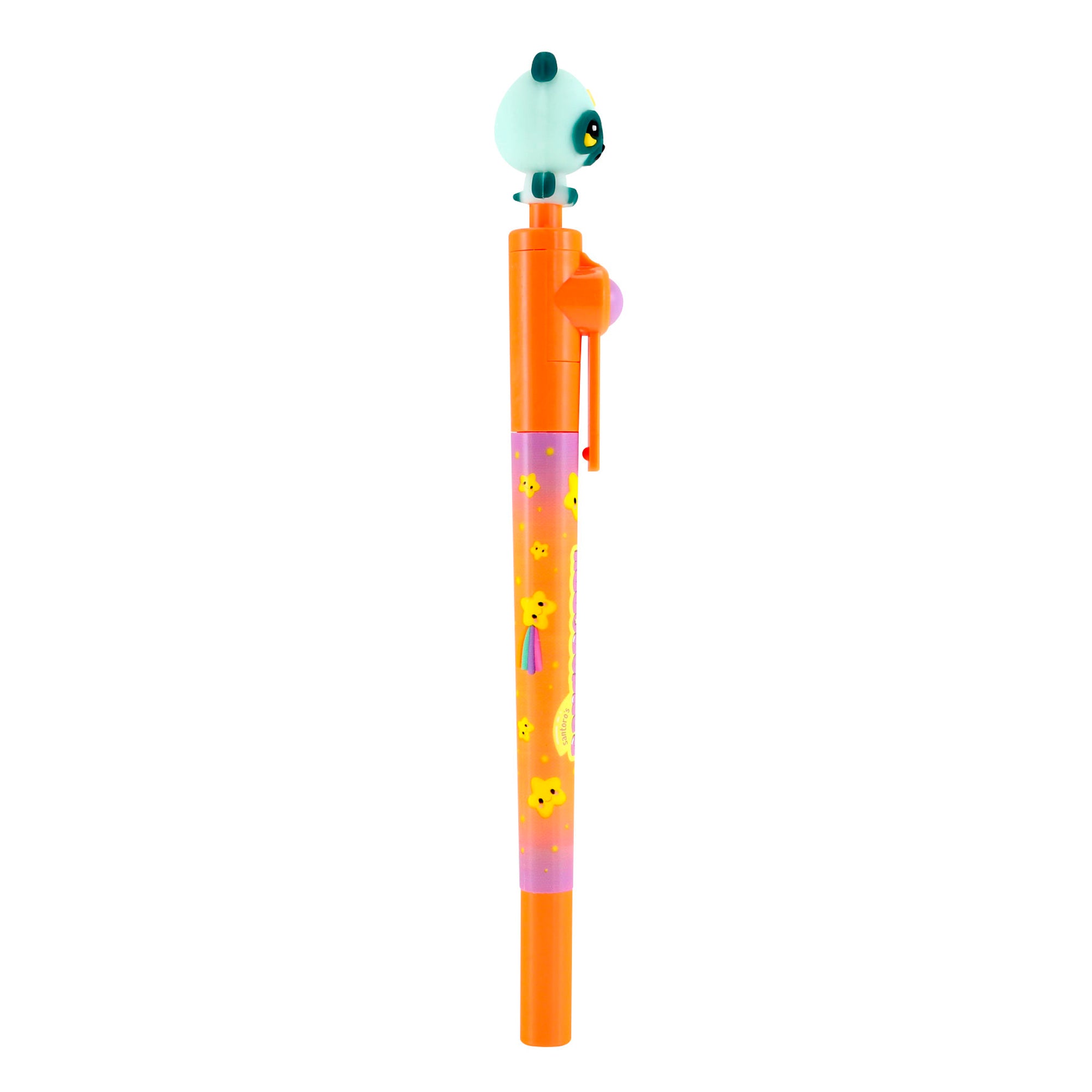 The Bangoberry Spinning Pen Assortment features an orange pen with a purple section decorated with yellow flowers and a rainbow, topped with an adorable blue and black panda character.