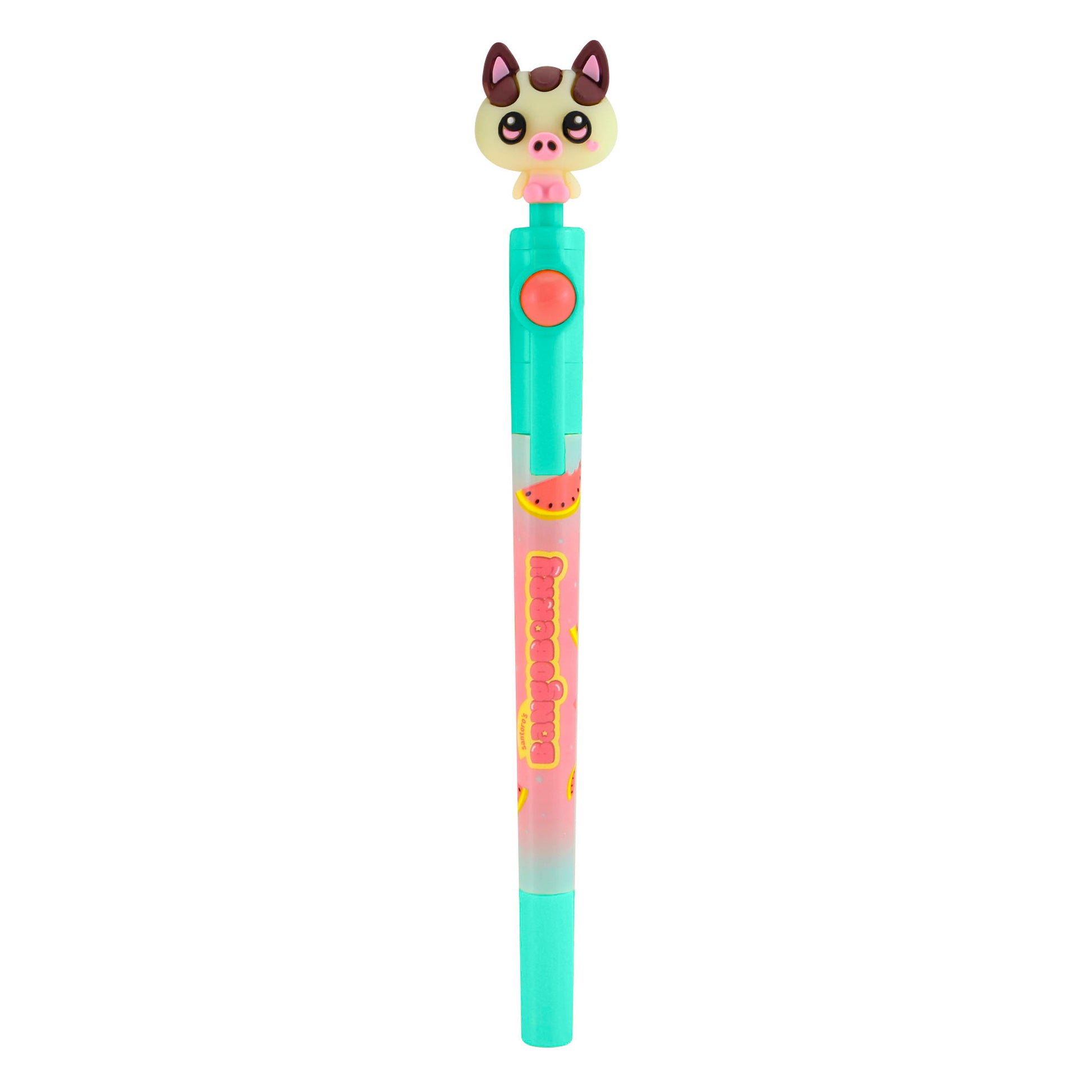 The Bangoberry Spinning Pen Assortment features a light blue pen with a watermelon-themed design, a cute pig head topper, and a red button near the top for added fun.