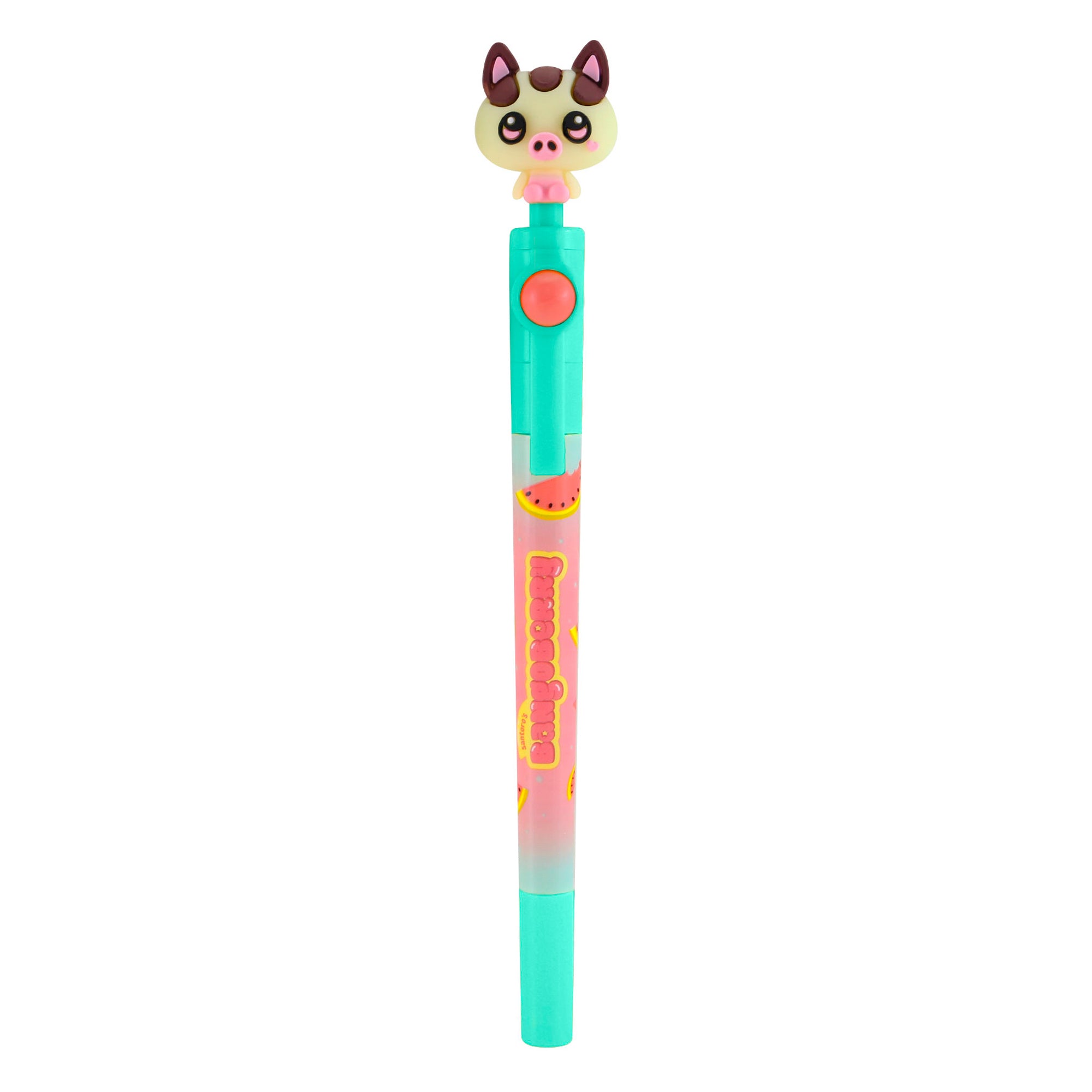 The Bangoberry Spinning Pen Assortment features a light blue pen with a watermelon-themed design, a cute pig head topper, and a red button near the top for added fun.