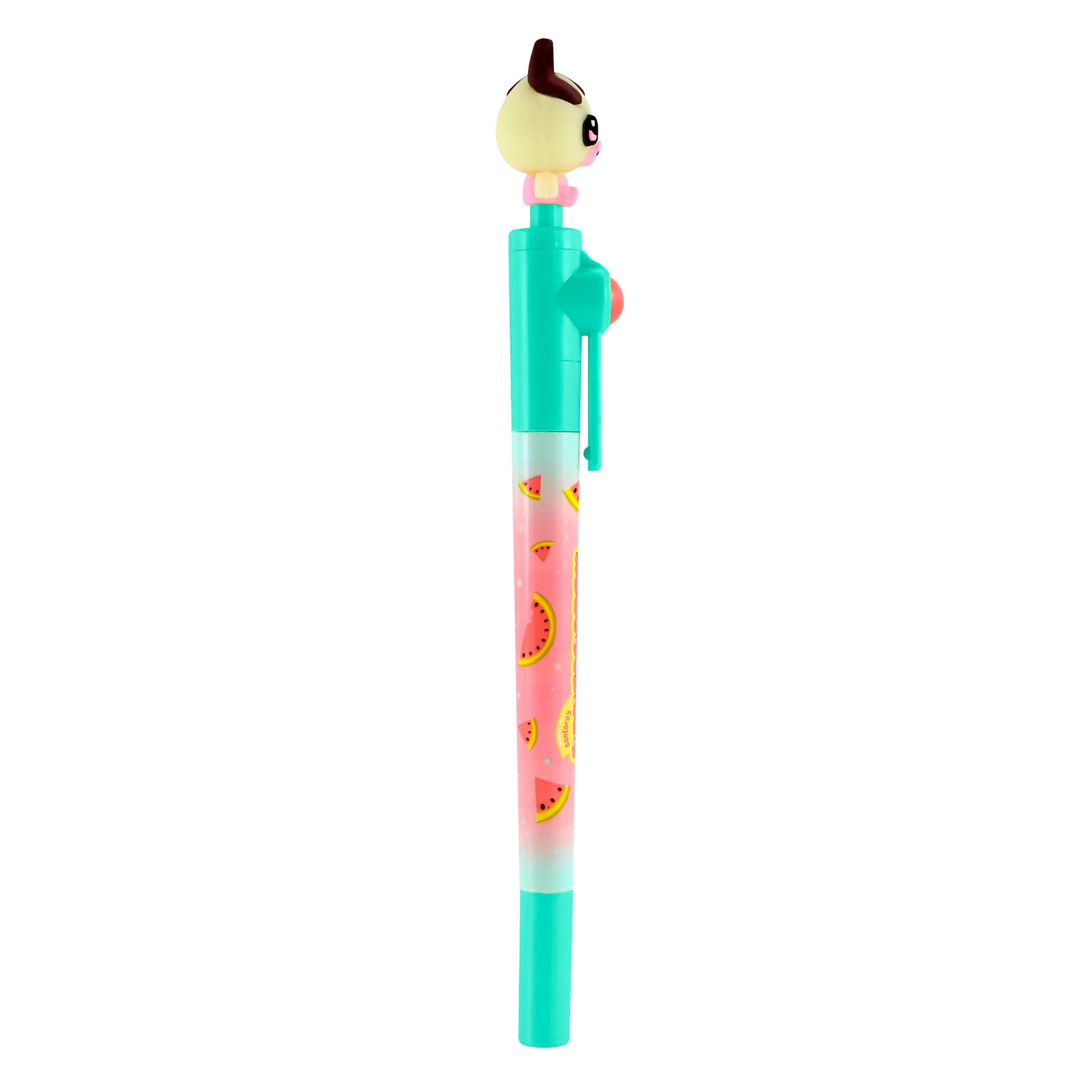The Bangoberry Spinning Pen Assortment features a colorful pen with a turquoise cap and clip, watermelon slice barrel, and a cute character head with big eyes and brown hair.