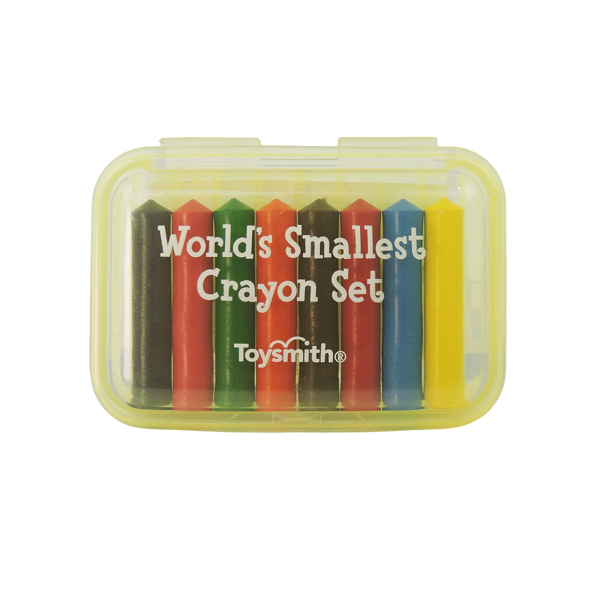 A compact plastic case with eight short, colorful crayons, labeled "Toysmith Mini Crayon Set" and featuring the Toysmith logo on the lid.