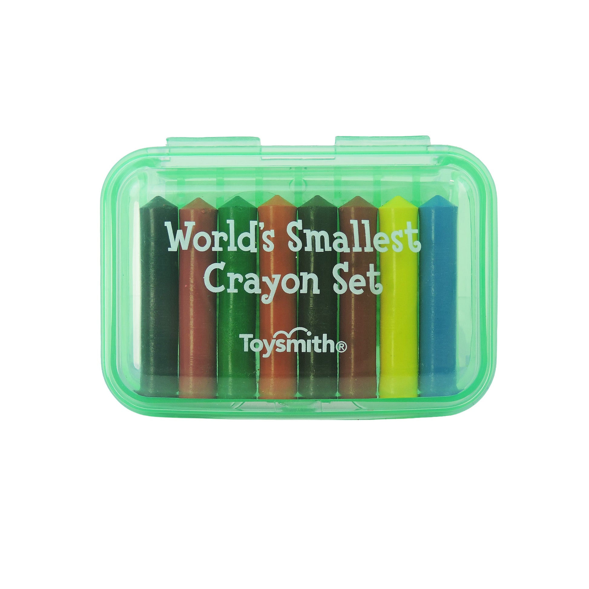 The Toysmith Mini Crayon Set by Toysmith is a small green plastic case holding eight short crayons in red, orange, brown, black, green, yellow, blue, and dark blue.