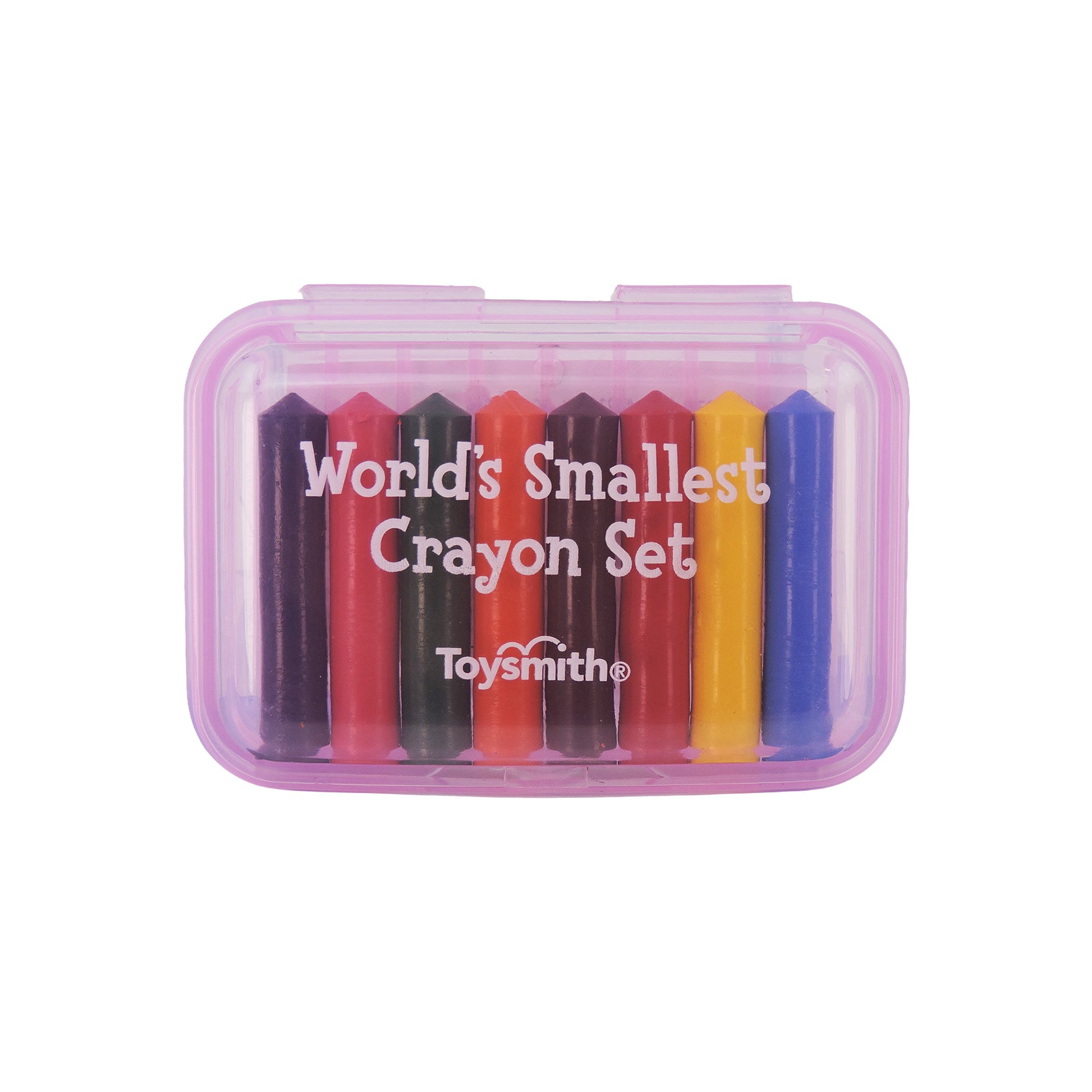 The Toysmith Mini Crayon Set by Toysmith is a small plastic case containing nine tiny crayons in assorted colors like red, black, pink, green, purple, yellow, and blue.
