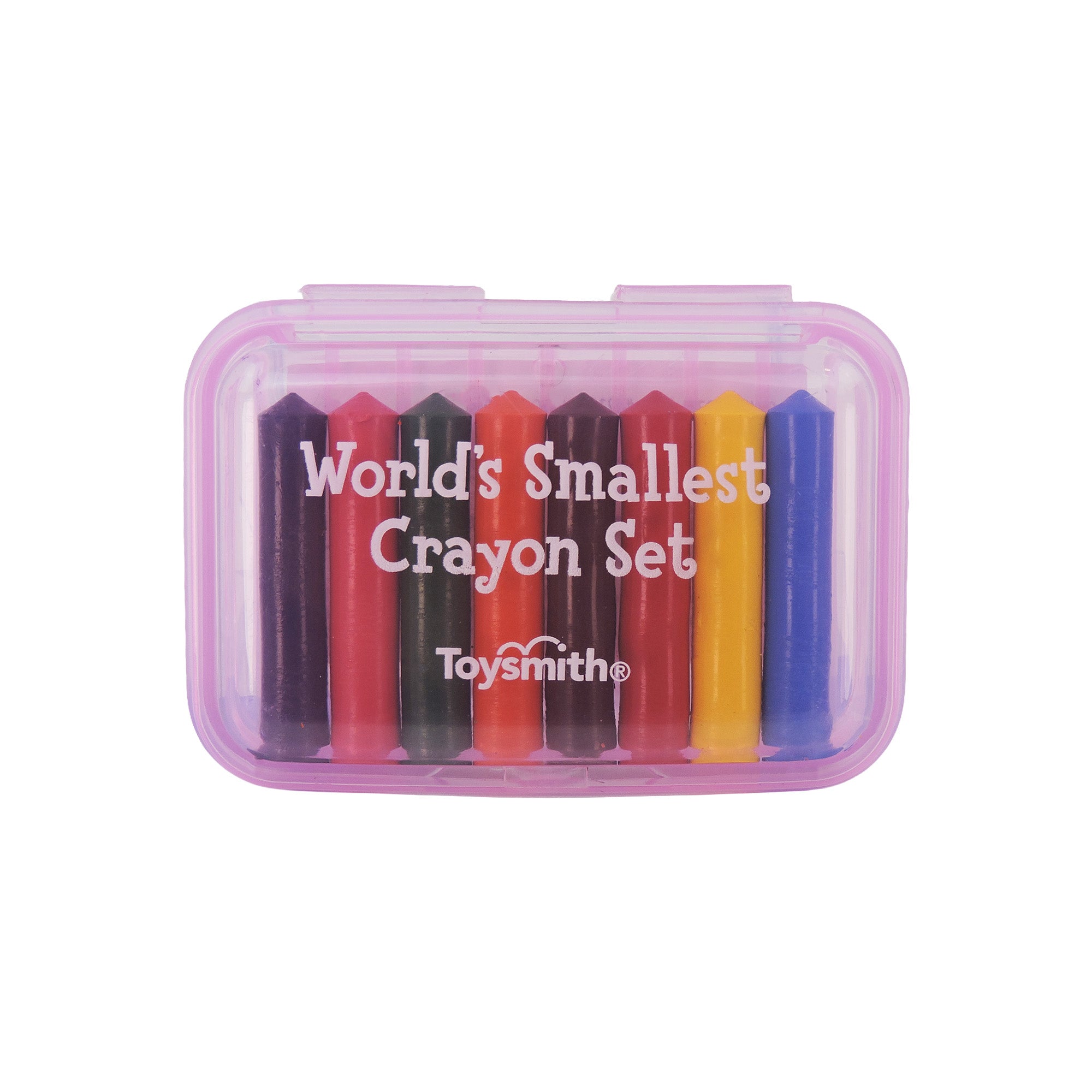 The Toysmith Mini Crayon Set by Toysmith is a small plastic case containing nine tiny crayons in assorted colors like red, black, pink, green, purple, yellow, and blue.
