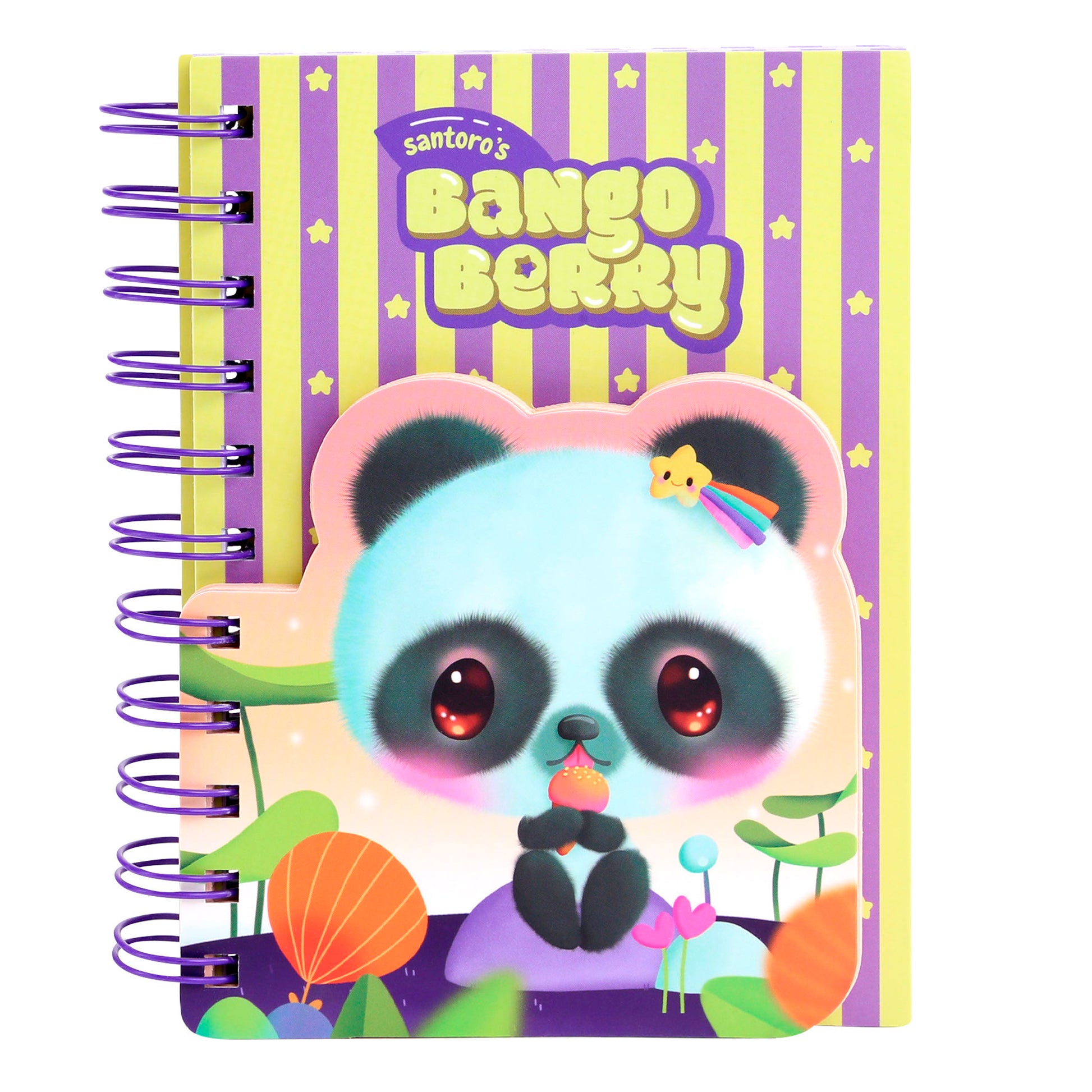 The Bangoberry Pally Panda Layered Wirebound Notebook by Santoro features a panda holding a berry on the cover, with yellow and purple stripes, playful shapes, stars, and purple spiral binding.