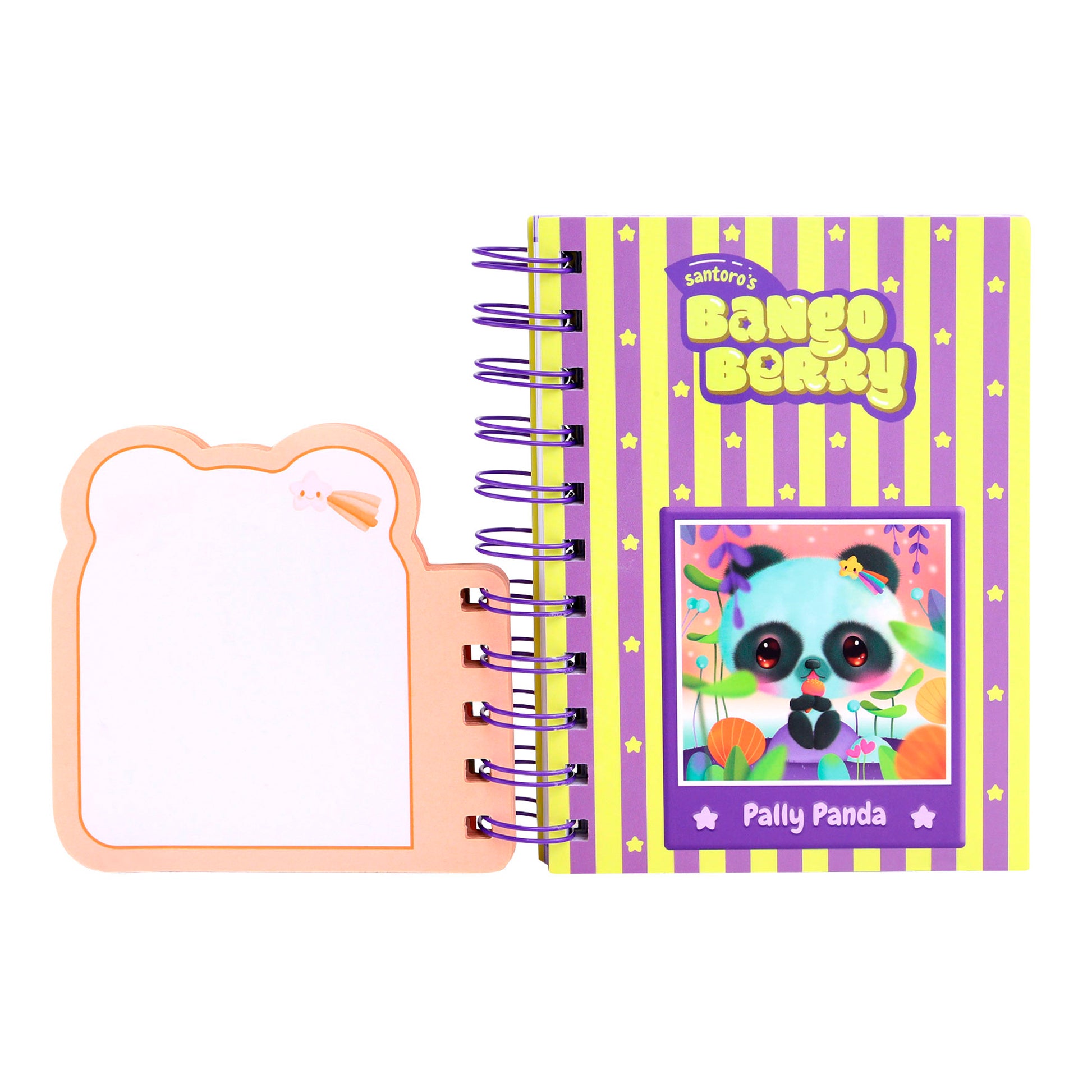 A Santoro Bangoberry Pally Panda Layered Wirebound Notebook with a yellow and purple striped cover featuring a cartoon panda is shown next to an open, cute bear-shaped notepad.