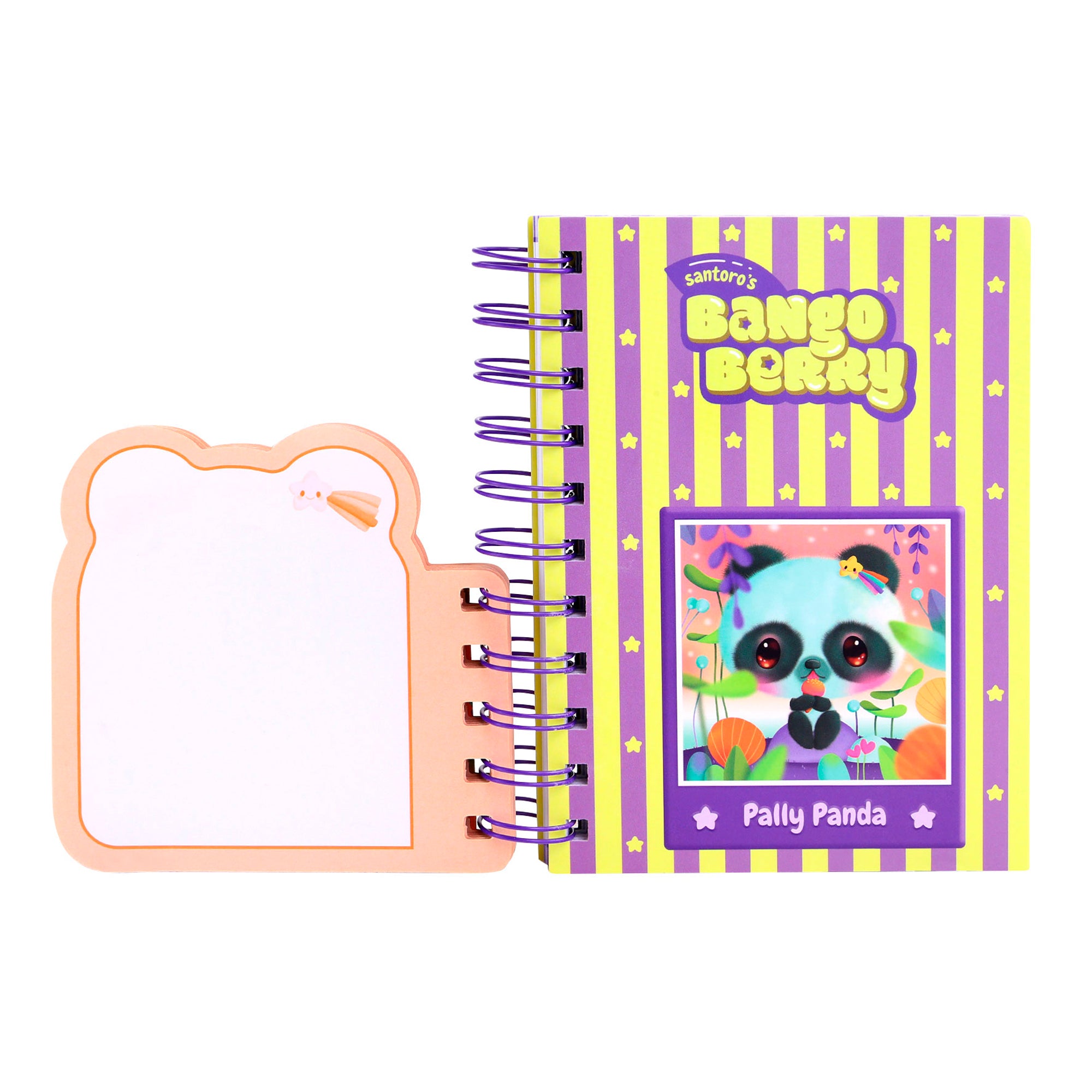 A Santoro Bangoberry Pally Panda Layered Wirebound Notebook with a yellow and purple striped cover featuring a cartoon panda is shown next to an open, cute bear-shaped notepad.
