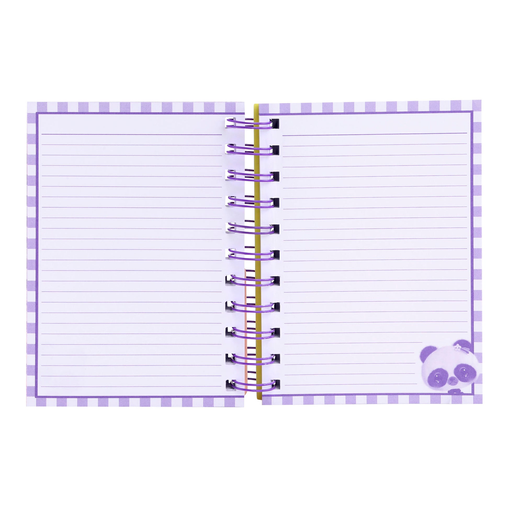 The Santoro Bangoberry Pally Panda Layered Wirebound Notebook features lined pages, a purple and white striped border, and a cute panda illustration—a charming addition to any desk.