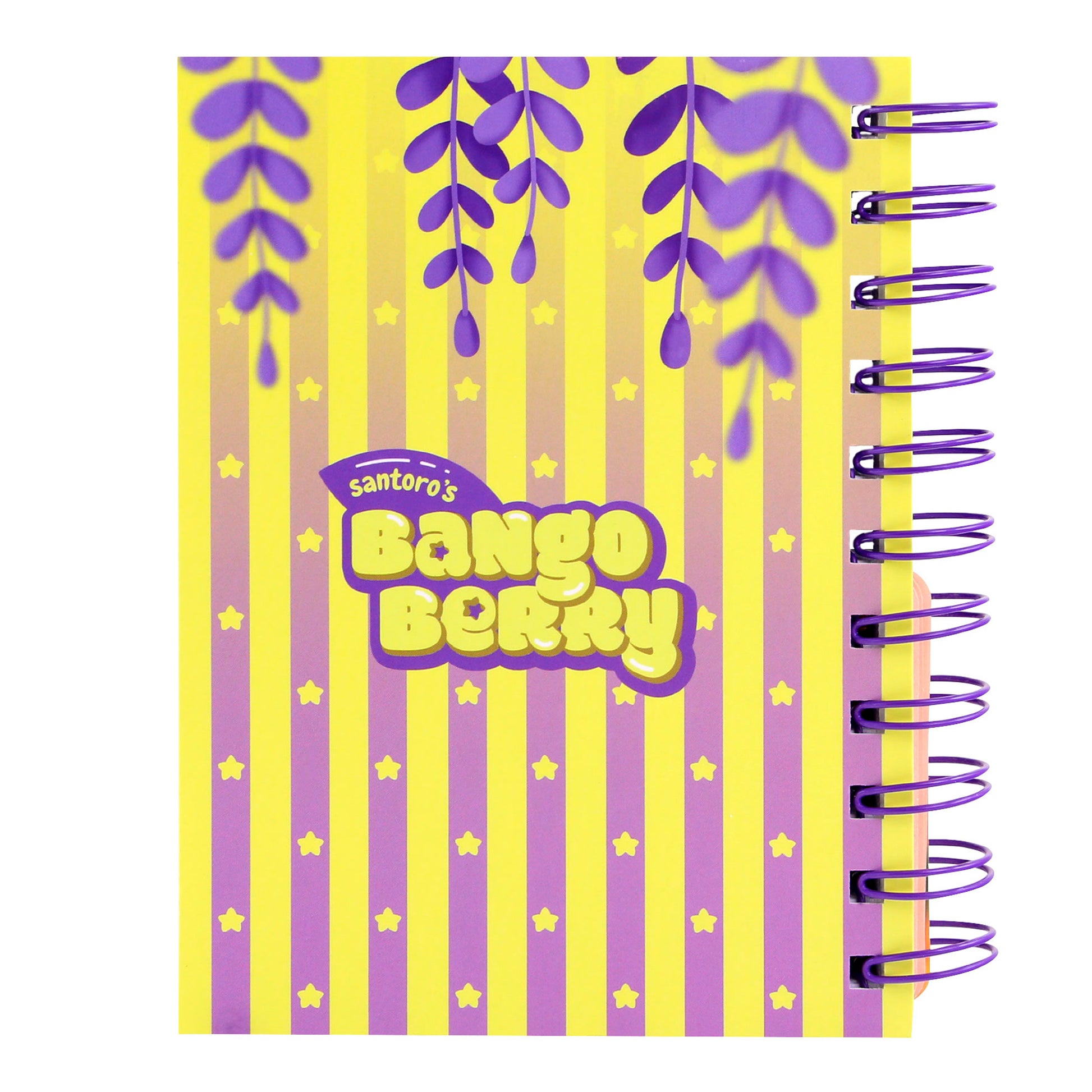 A cute, layered wirebound notebook by Santoro, featuring a yellow and purple striped cover with hanging leaves, small stars, and the bold title "Bangoberry Pally Panda.