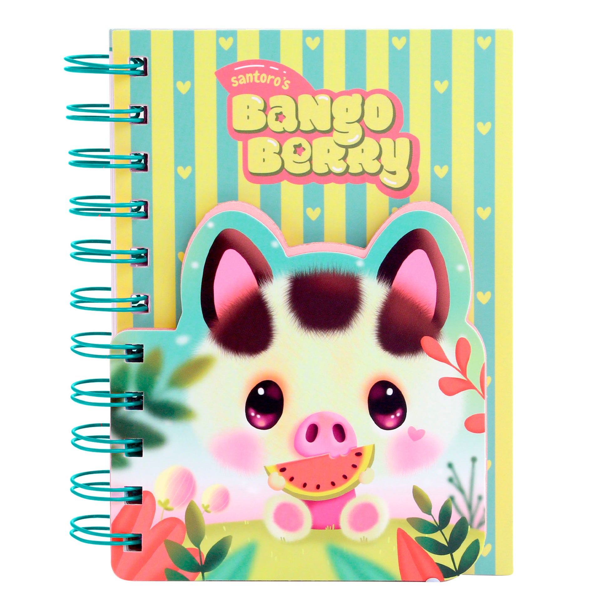 The Santoro Bangoberry Piggy Pig Layered Wirebound Notebook features a cute pig with a watermelon, yellow stripes, colorful plants, "Santoros Bango Berry" on top, and handy A6 lined pages inside.