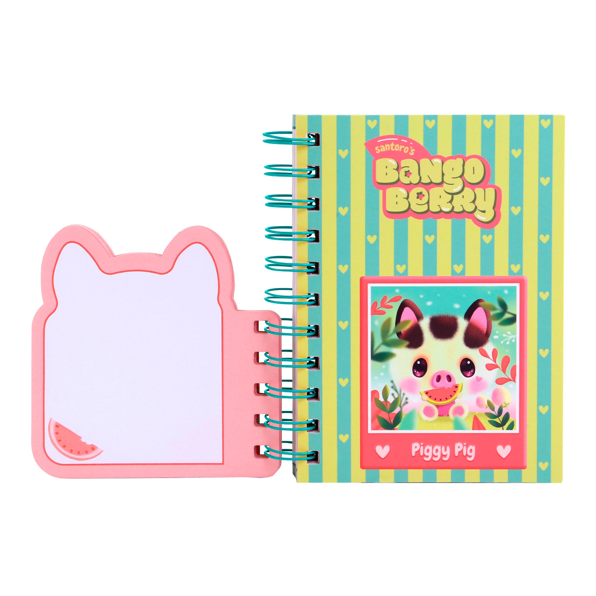 A Santoro Bangoberry Piggy Pig Layered Wirebound Notebook with a colorful cartoon pig cover sits next to a pig-shaped A6 notepad with blank lined pages.