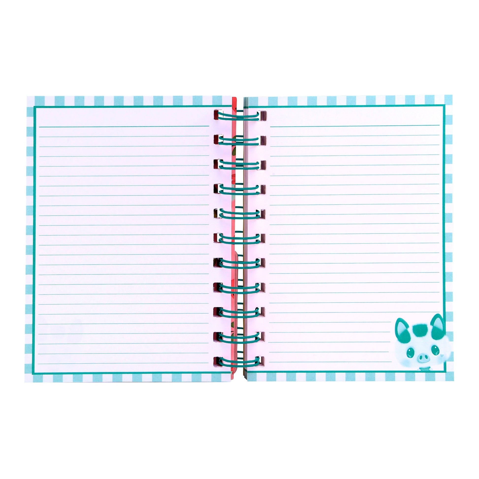 An open Santoro Bangoberry Piggy Pig Layered Wirebound Notebook with A6 lined pages, blue borders, and a small blue cartoon pig face in the bottom right corner. The blank pages are ready for writing.
