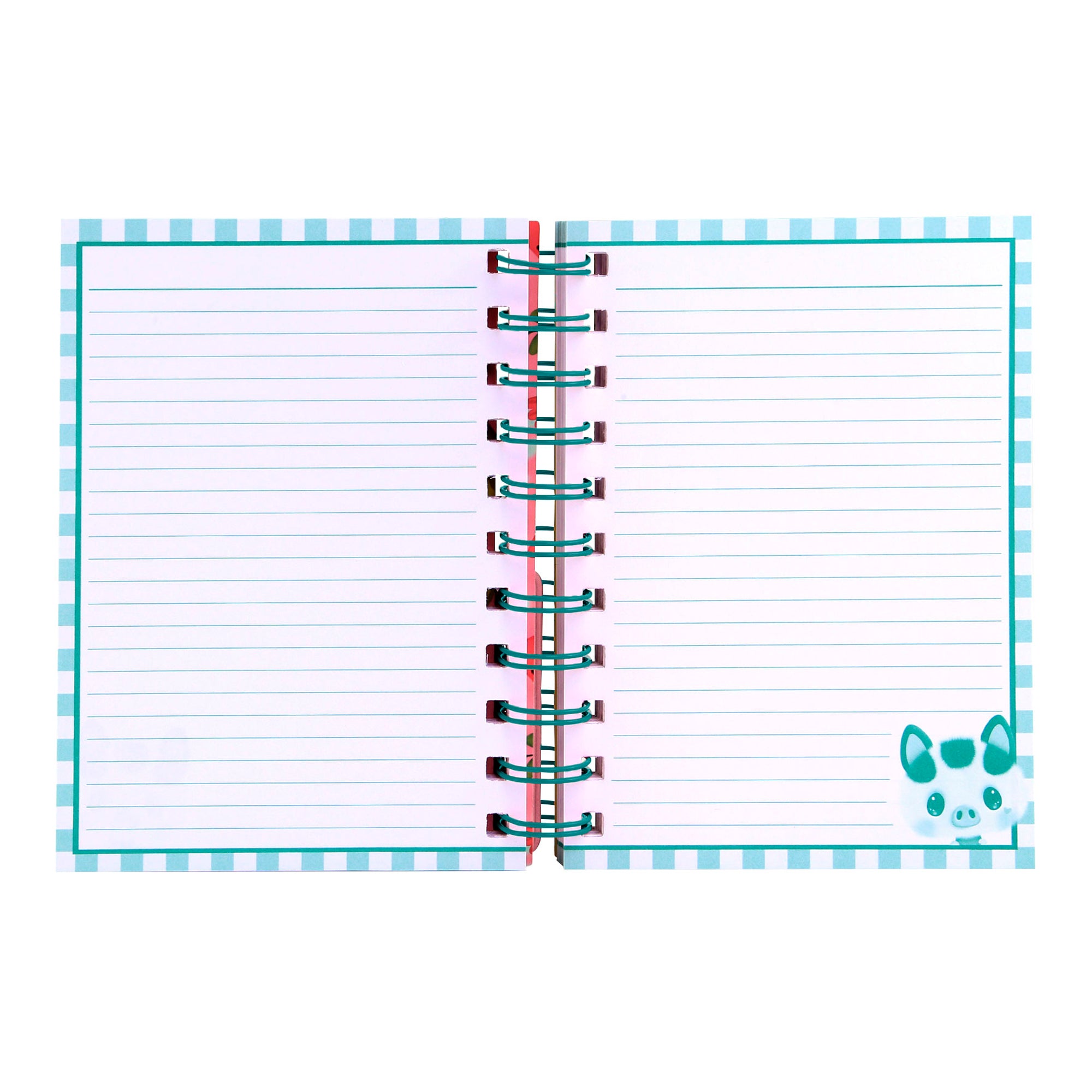 An open Santoro Bangoberry Piggy Pig Layered Wirebound Notebook with A6 lined pages, blue borders, and a small blue cartoon pig face in the bottom right corner. The blank pages are ready for writing.