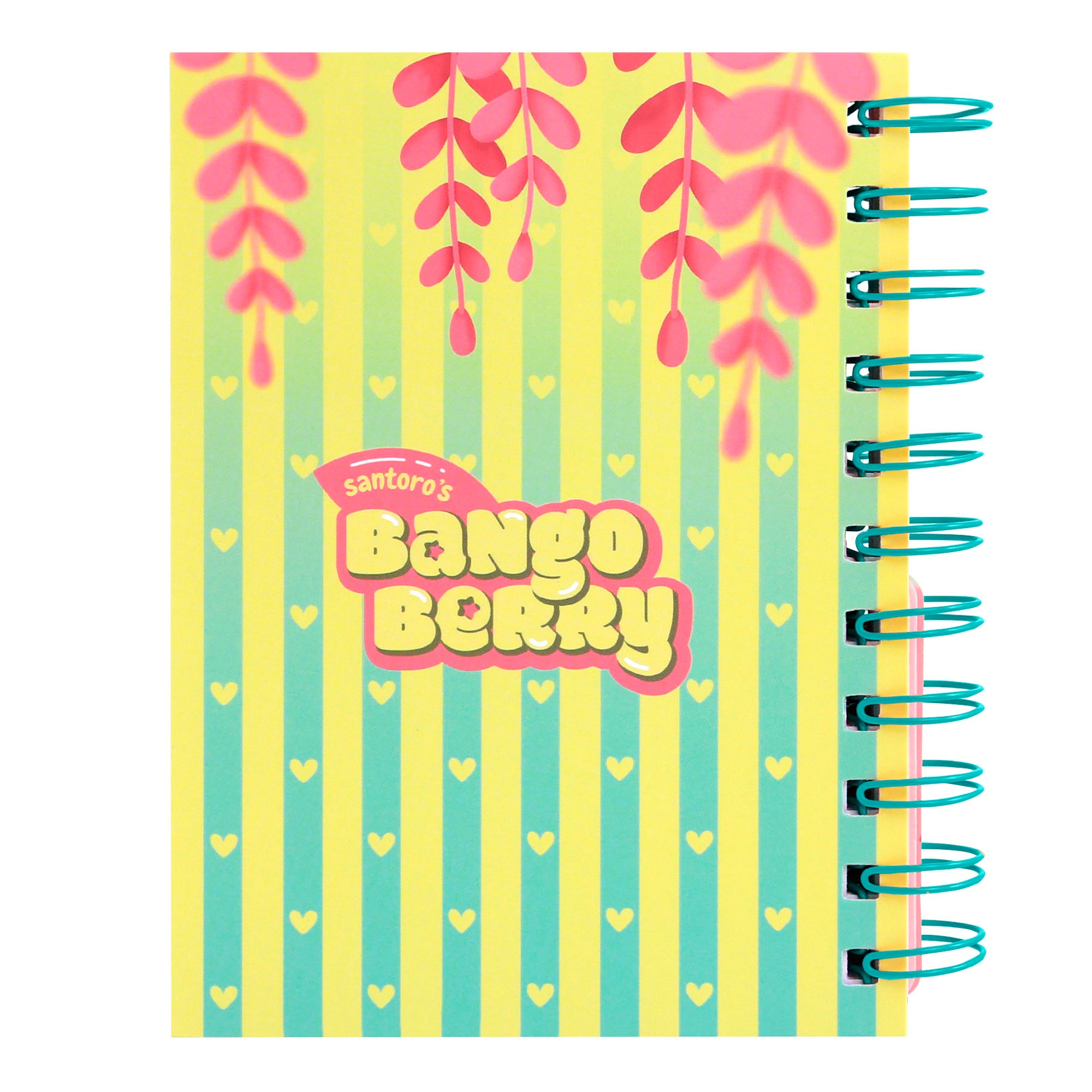 A vibrant Santoro Bangoberry Piggy Pig Layered Wirebound Notebook with yellow and green stripes, yellow heart accents, pink leaf motifs, and whimsical cover text. Features A6 lined pages for easy note-taking.
