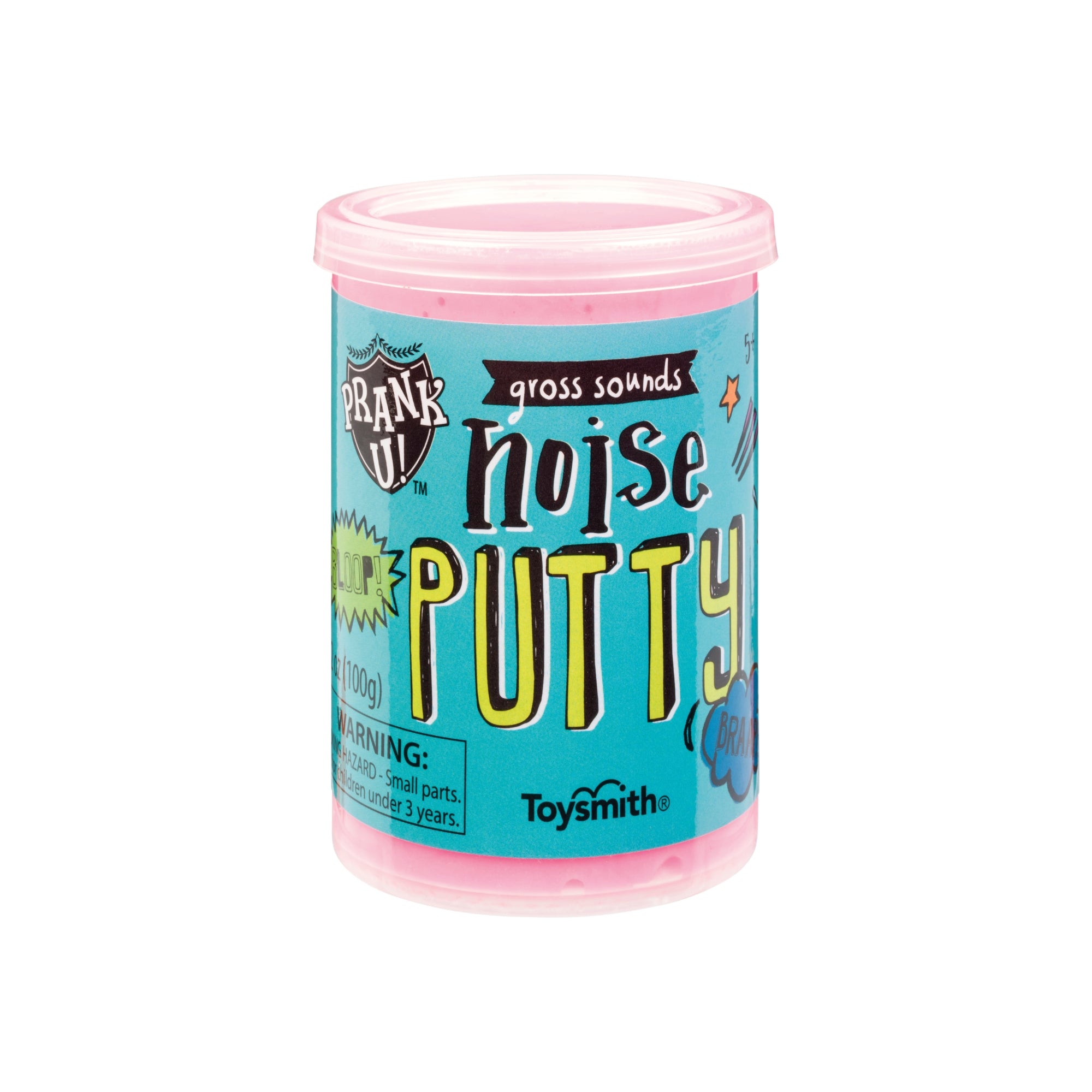 The Prank U Large Jar of Potty Noise Putty, a pink plastic container with playful graphics and warnings, offers sensory fun as a fidget toy and is shown against a plain white background.