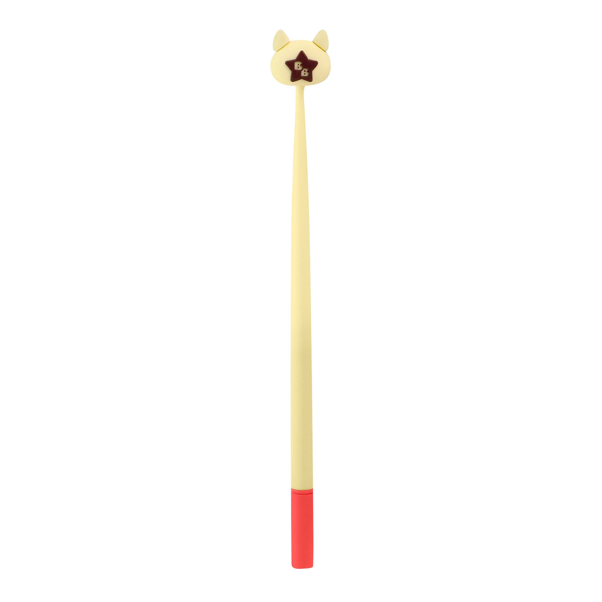 A Bangoberry Wobbly Pen Assortment pen in yellow with a red cap, topped with a cat-shaped head featuring a brown star and the letters B&G.