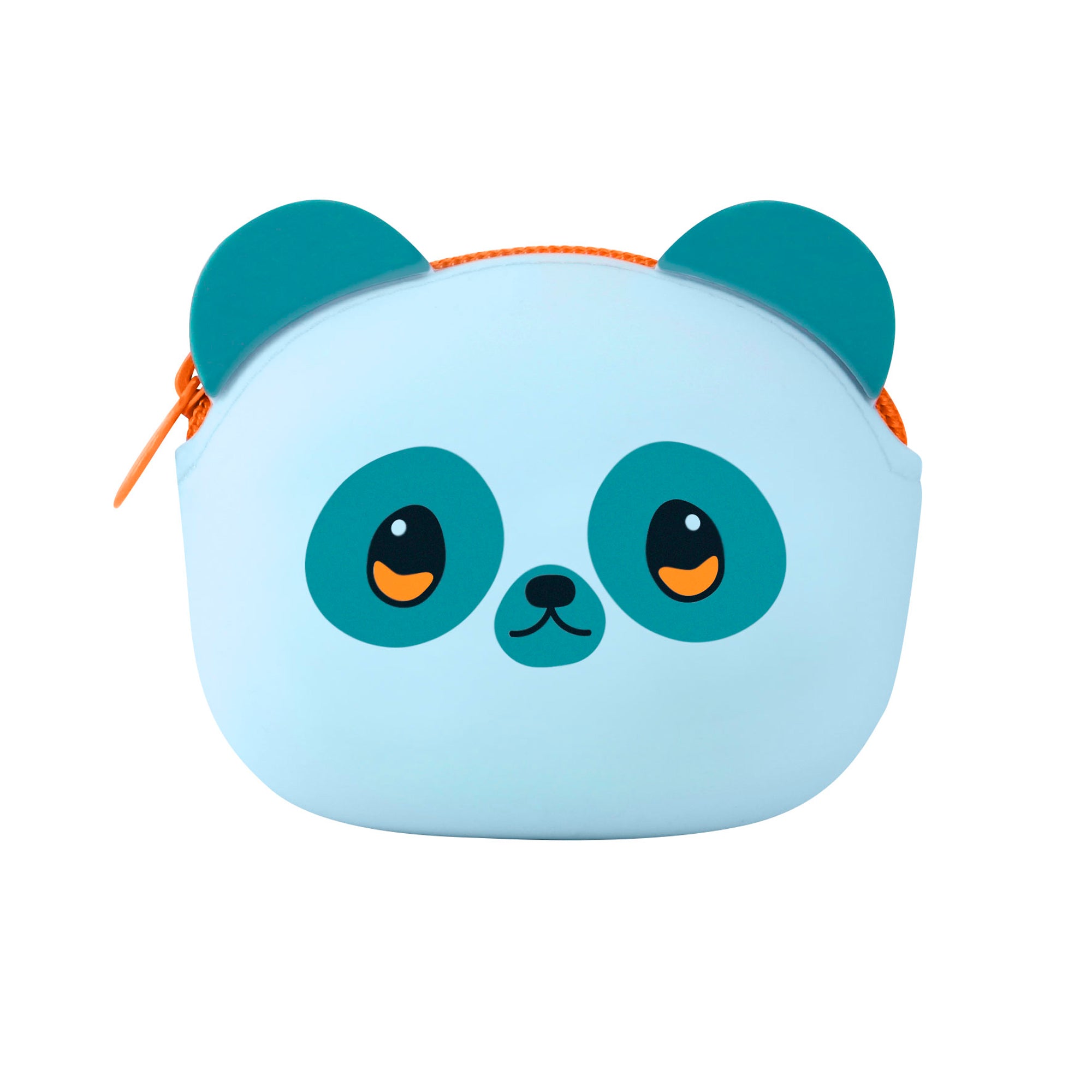 The Bangoberry Pally Panda Pouch by Santoro is a small, light blue zippered pouch featuring a cute cartoon panda face with teal ears and an orange zipper. Ideal as a bag accessory, it’s displayed against a white background.