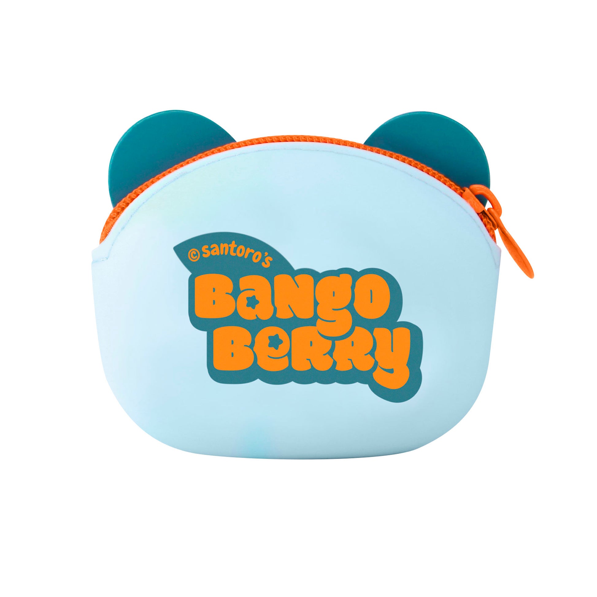 The Bangoberry Pally Panda Pouch by Santoro is a light blue pouch with two teal panda-like ears, an orange zipper, and bold orange and blue “@santoros BANGO BERRY” text—a playful accessory for your bag.