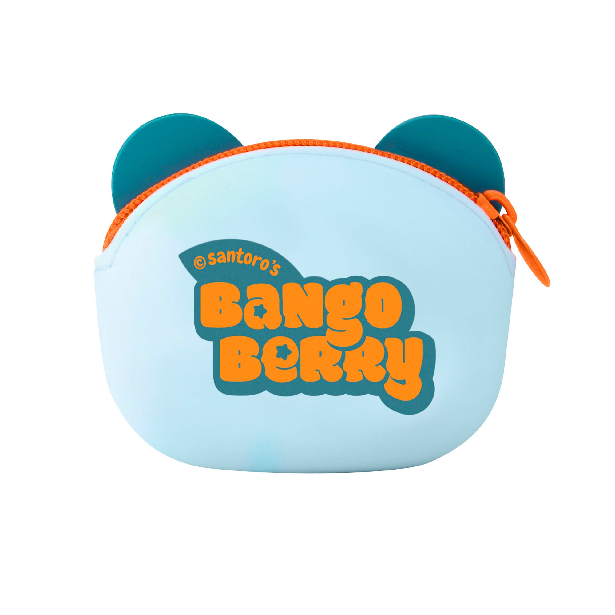The Bangoberry Pally Panda Pouch by Santoro is a light blue pouch with two teal panda-like ears, an orange zipper, and bold orange and blue “@santoros BANGO BERRY” text—a playful accessory for your bag.