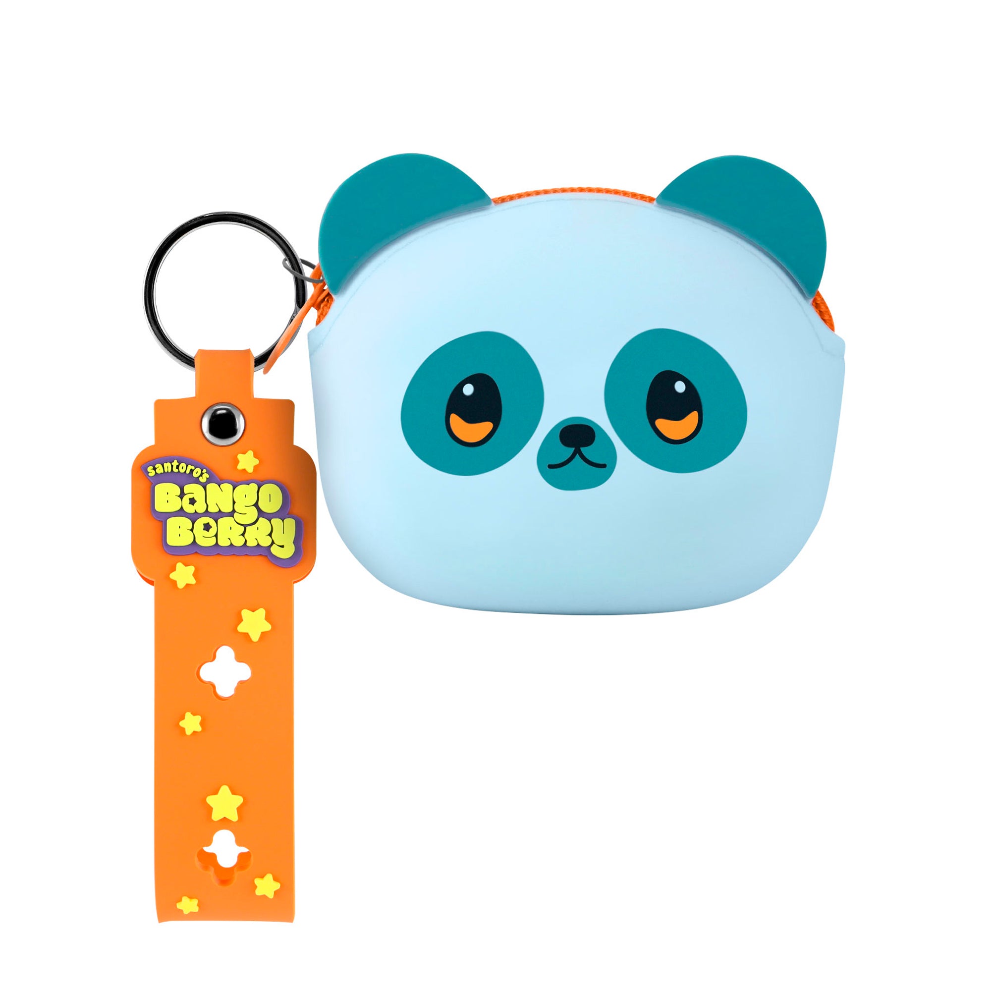 The Santoro Bangoberry Pally Panda Pouch is a light blue pouch shaped like a panda’s face with teal ears and orange-teal eyes. It features an orange keychain strap with yellow stars and “Bango Berry”—the perfect bag accessory!.