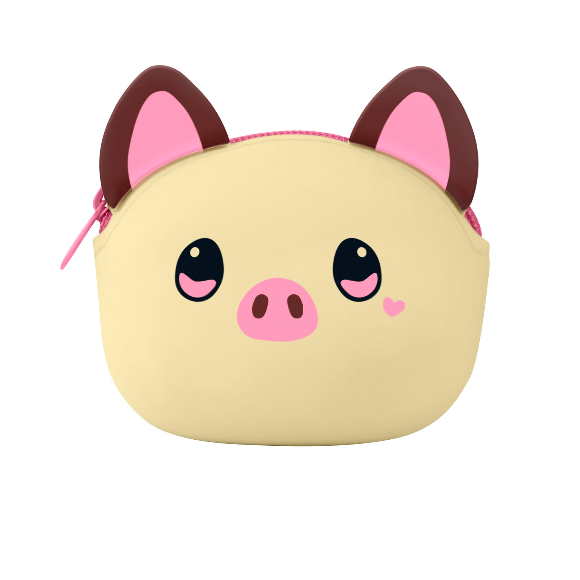 The Santoro Bangoberry Piggy Pig Pouch is a cream pouch with a pig face, large eyes, pink snout, pig ears, heart cheek detail, and a pink zipper—making it the perfect cute bag accessory.