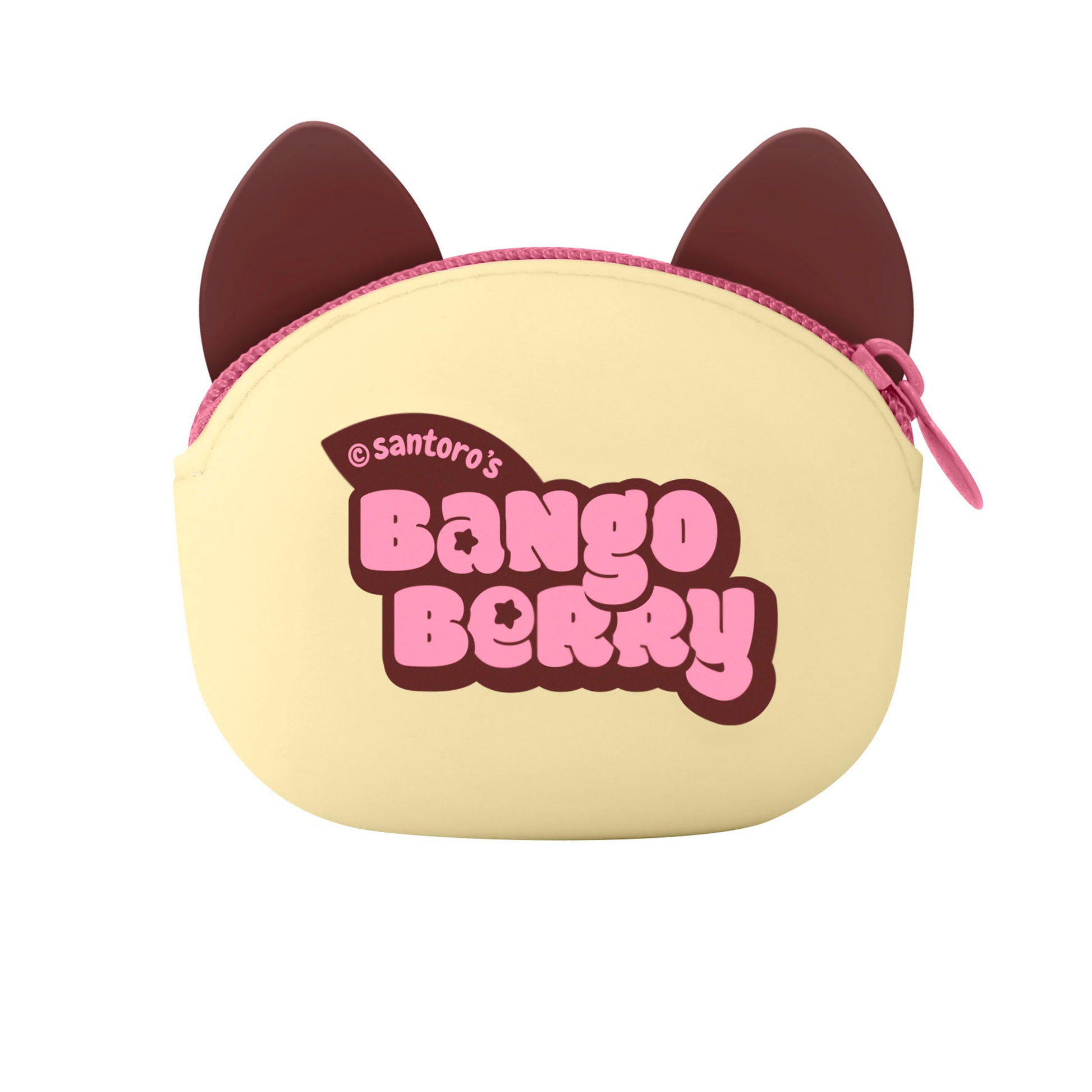 A small, cream Bangoberry Piggy Pig Pouch by Santoro with two brown cat ears, a pink zipper, and playful "Santoro's Bangoberry" text—perfect as a cute bag accessory.