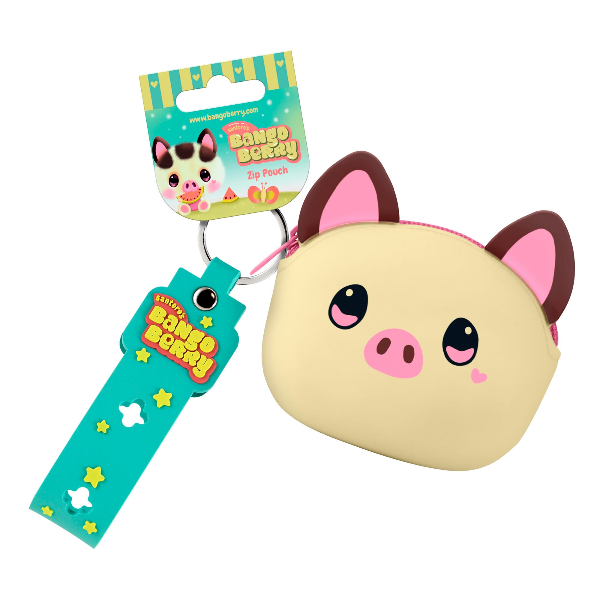 The Santoro Bangoberry Piggy Pig Pouch is a small, cream pig-shaped pouch with pink ears and cheeks, black eyes, a snout, keyring, and comes in colorful Banju Berry packaging—a cute accessory for everyday use.