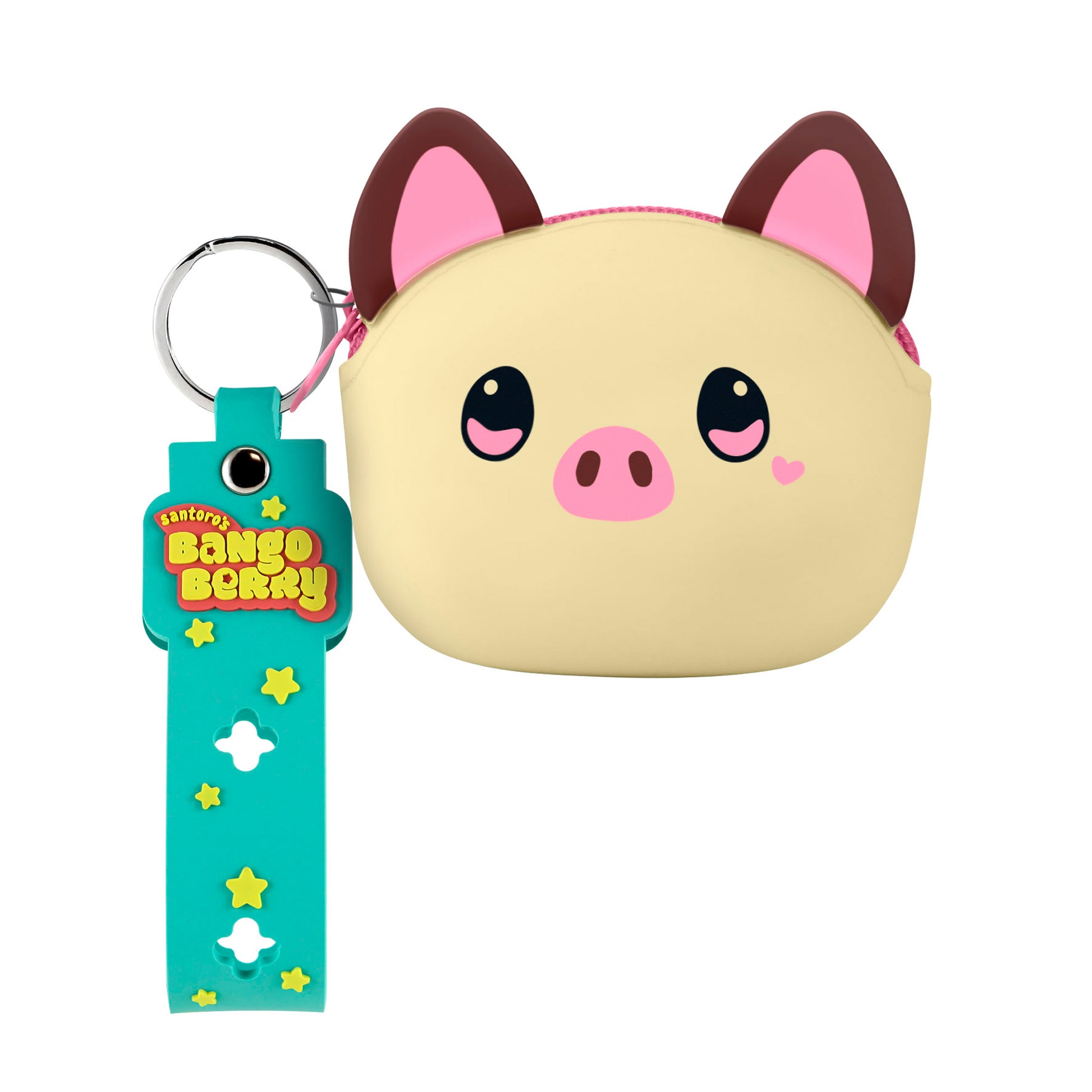 The Santoro Bangoberry Piggy Pig Pouch is a cute beige pouch shaped like a pig’s face with pink ears, snout, and heart cheek. It features a teal keychain strap with yellow stars and "Banzo Berry" text—a fun accessory for your bag.