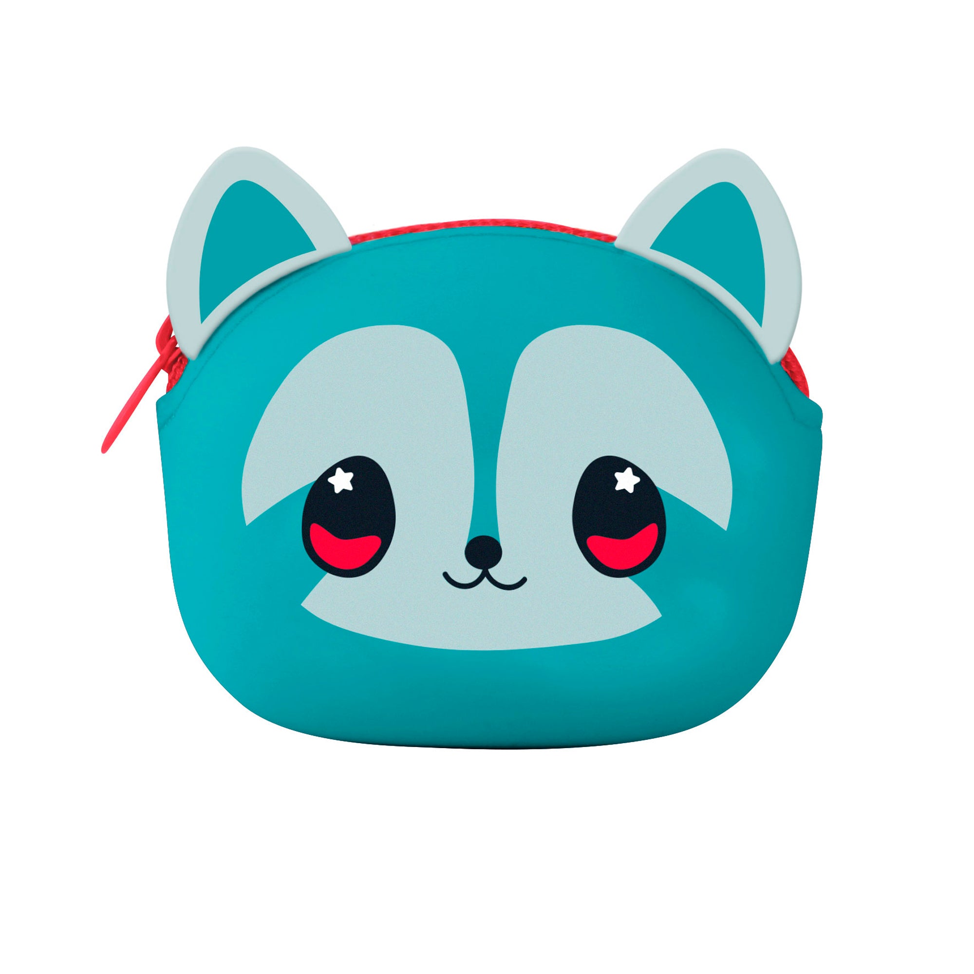 The Santoro Bangoberry Remy Raccoon Pouch is a teal, animal-face coin purse with big eyes, rounded ears, a small nose, and a red top zipper—perfect for carrying everyday accessories in cute cartoon style.