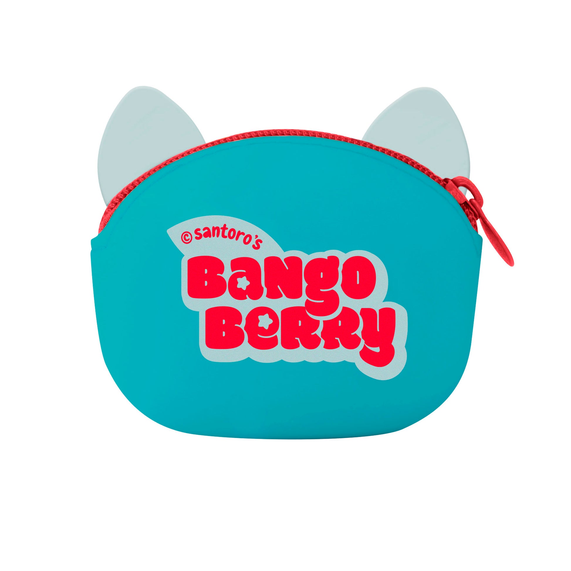 The Santoro Bangoberry Remy Raccoon Pouch is a small turquoise pouch with cat ears, a red zipper, "Santoro’s Bangoberry" in bold on the front, and Remy Raccoon details—perfect for everyday accessories. Photographed on a white background.