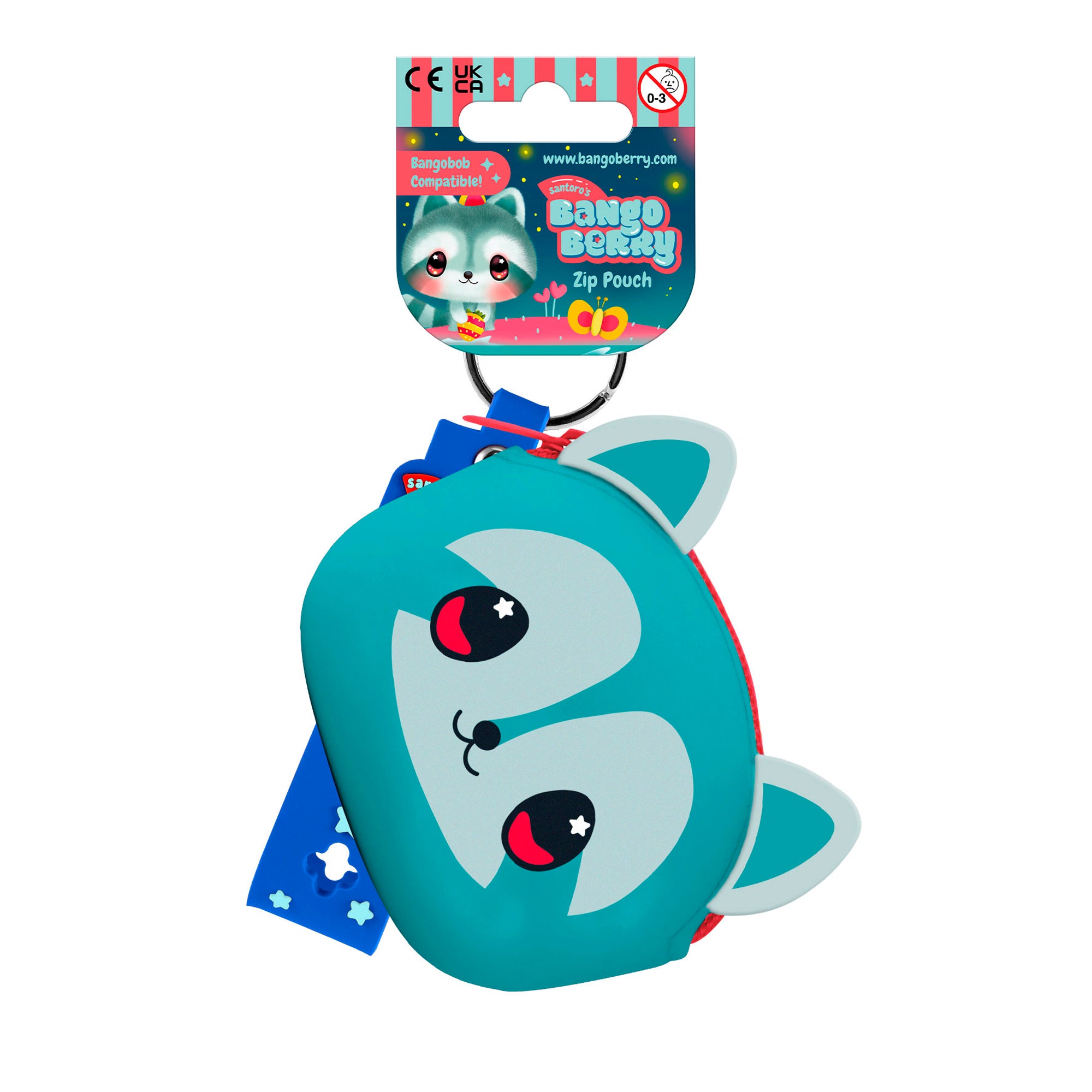The Santoro Bangoberry Remy Raccoon Pouch is a blue and turquoise cartoon raccoon face pouch with red cheeks and starry eyes, attached to a keyring—ideal for coins or accessories—packaged with the Bangoberry Zip Pouch label.