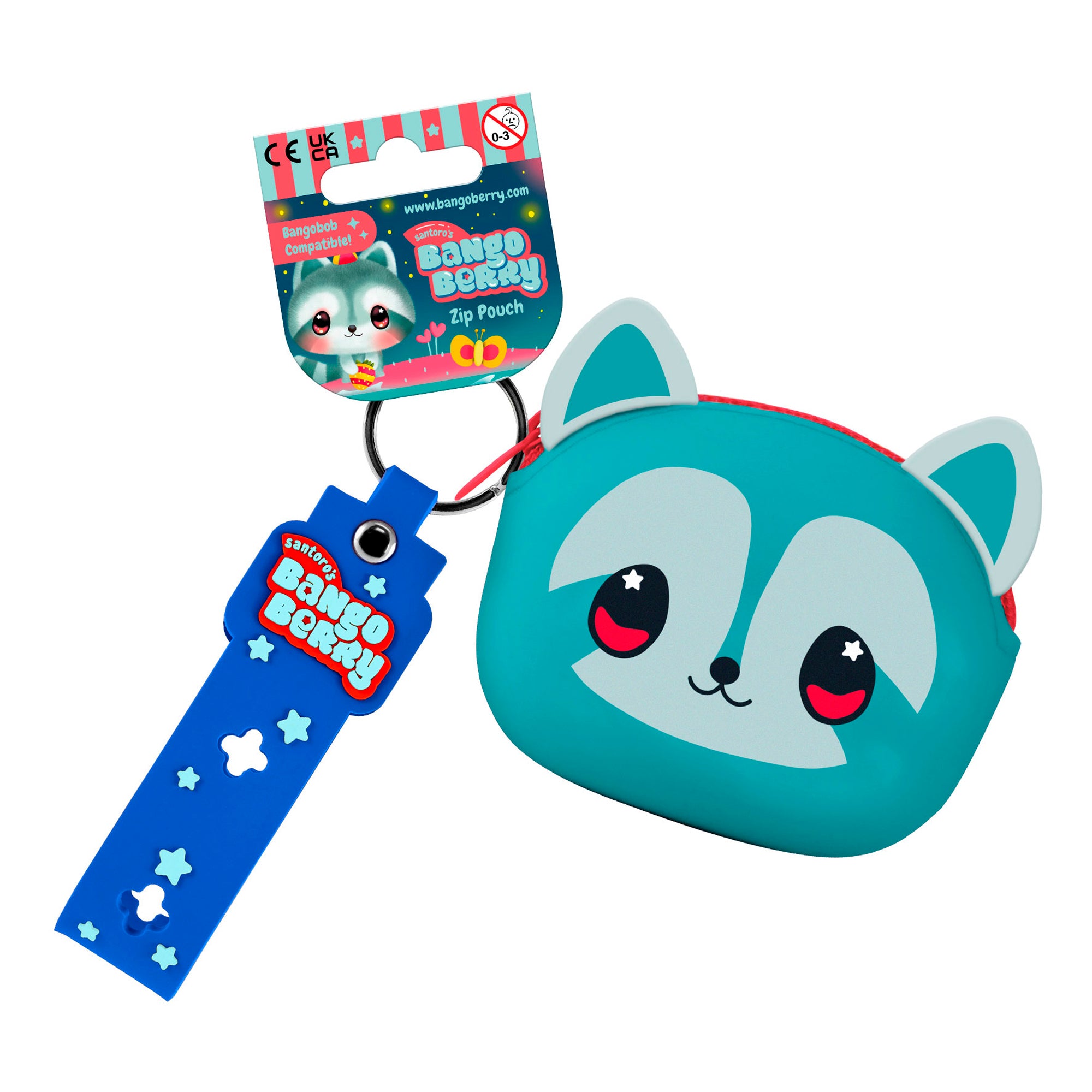 The Bangoberry Remy Raccoon Pouch by Santoro is a cute, blue raccoon-face pouch with starry eyes, pink cheeks, and a keychain with a blue Bangoberry tag—perfect for everyday accessories.