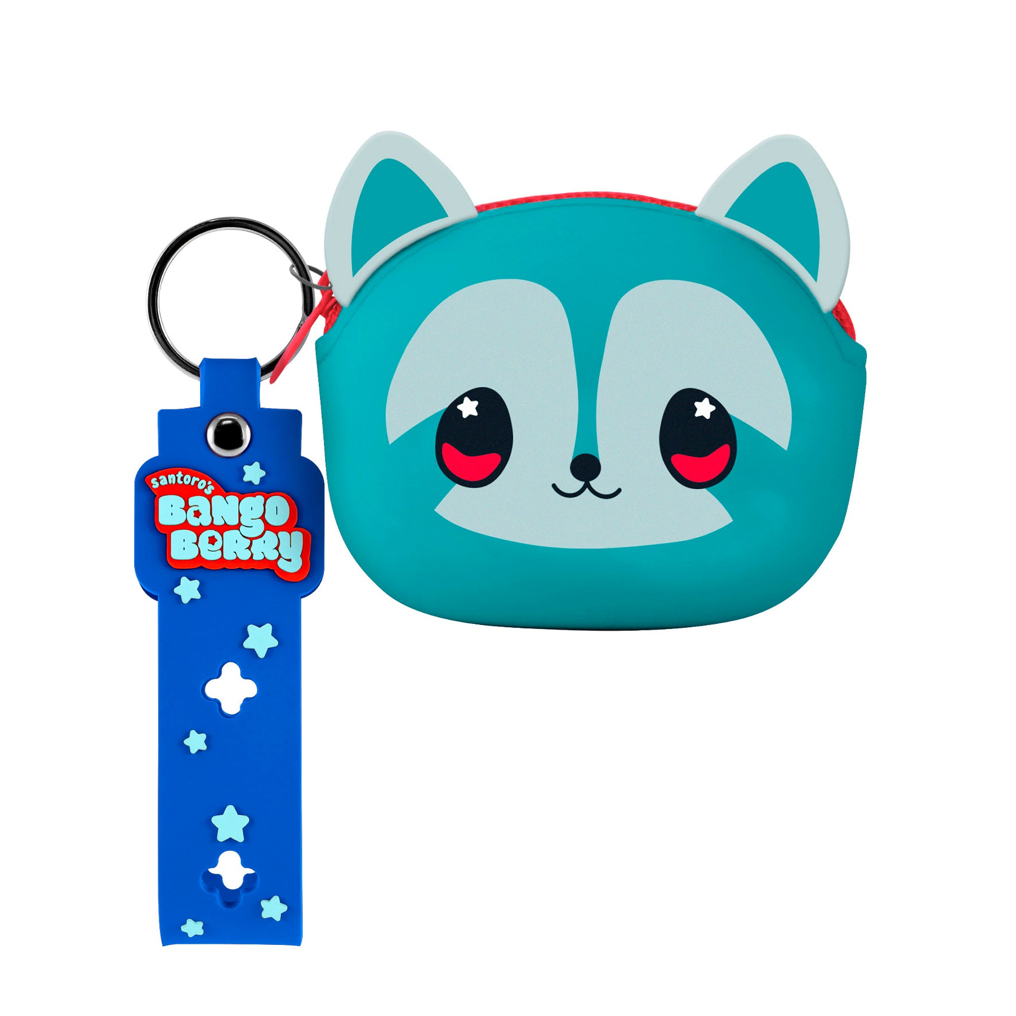 The Santoro Bangoberry Remy Raccoon Pouch is a small teal coin purse shaped like a cute raccoon, featuring red and black eyes, and comes with a starry blue keychain strap labeled “Bango Berry”—perfect for your everyday accessories.