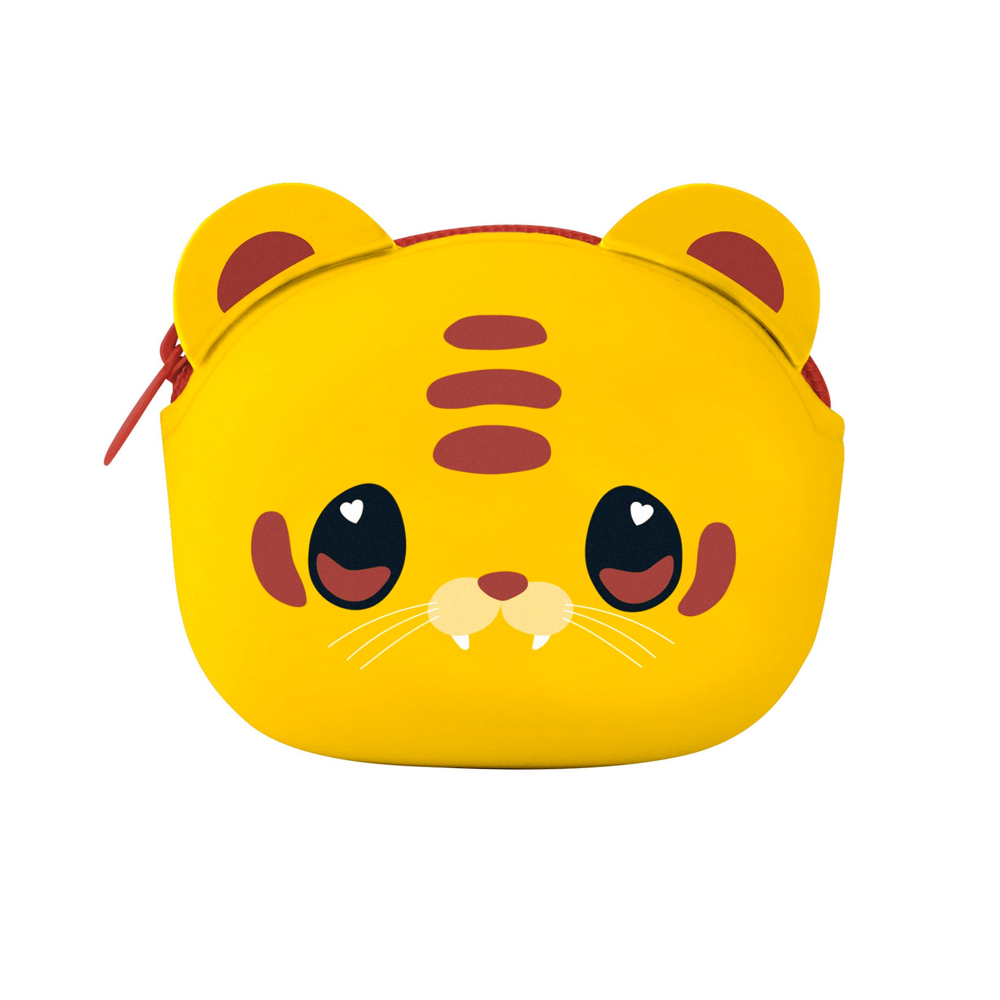 The Santoro Bangoberry Tiggy Tiger Pouch is a small yellow essentials holder shaped like Tiggy Tiger’s face, with round ears, big eyes with heart-shaped reflections, forehead stripes, a red zipper, and cute fangs.