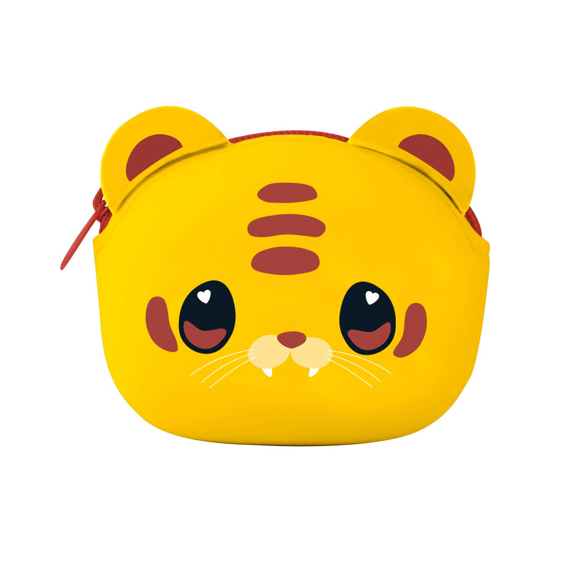 The Santoro Bangoberry Tiggy Tiger Pouch is a small yellow essentials holder shaped like Tiggy Tiger’s face, with round ears, big eyes with heart-shaped reflections, forehead stripes, a red zipper, and cute fangs.