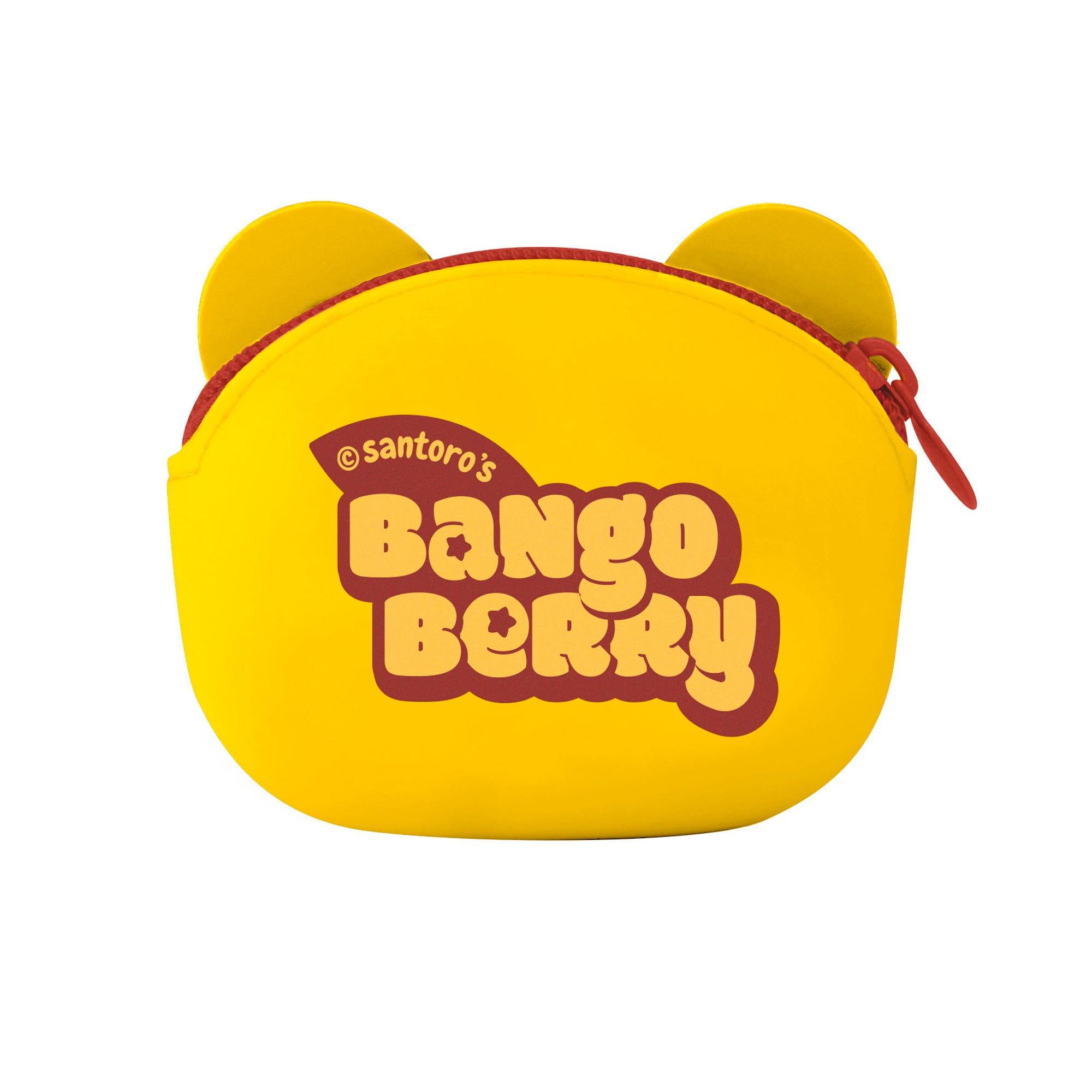 Bright yellow Bangoberry Tiggy Tiger Pouch by Santoro features a red zipper, rounded shape, ear-like top details, and retro "Santoro's Bangoberry" text—perfect for holding your essentials.
