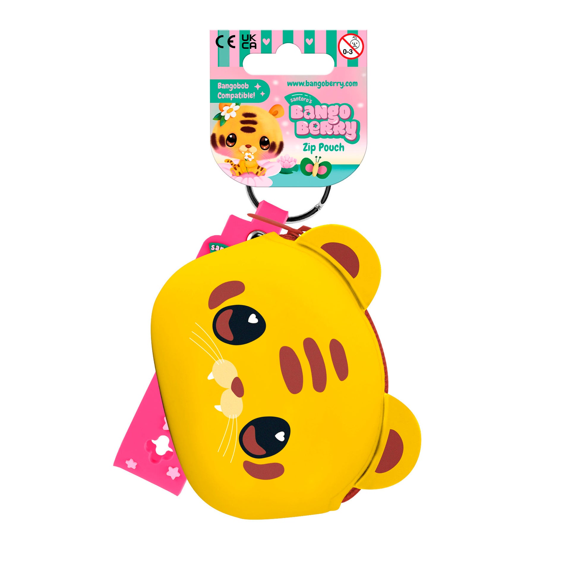 The Santoro Bangoberry Tiggy Tiger Pouch is a small, yellow essentials holder shaped like a tiger face with big eyes, pink nose, stripes, and a keyring. It comes in colorful “Bangoberry Zip Pouch” packaging.