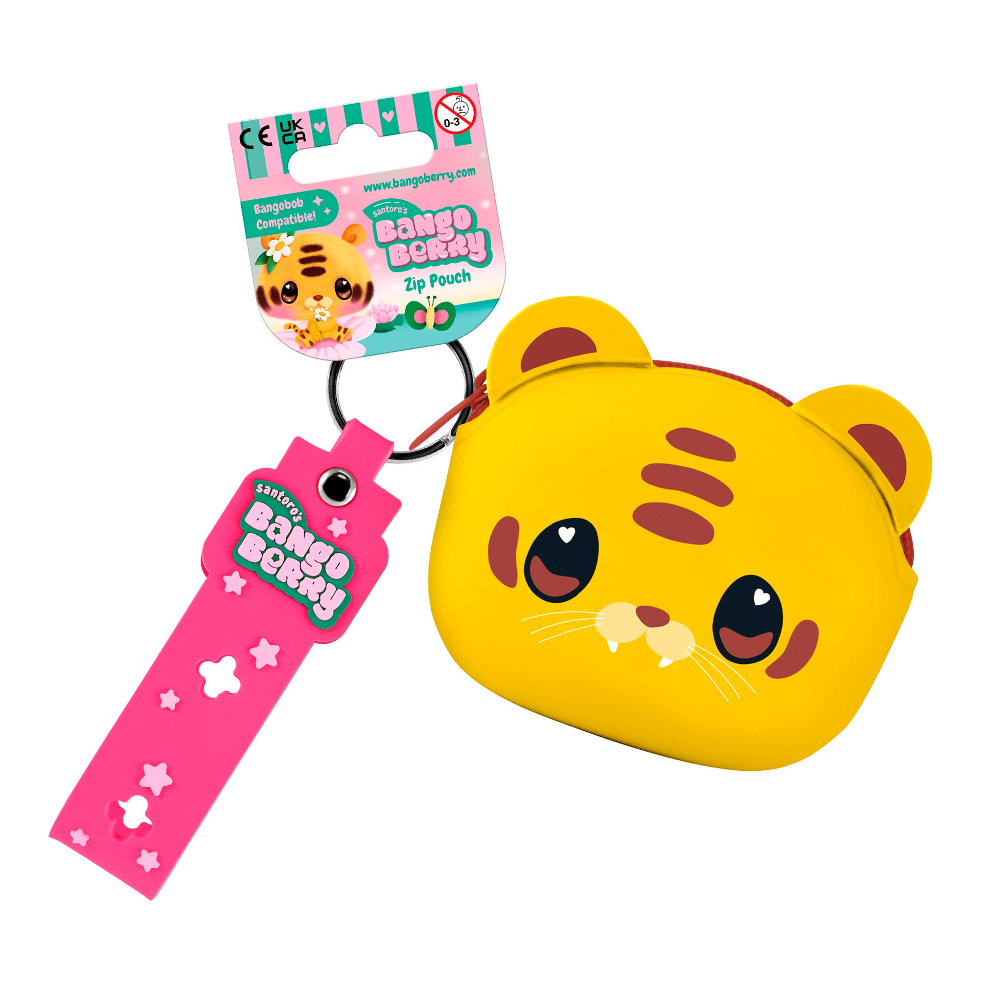 The Santoro Bangoberry Tiggy Tiger Pouch is a small yellow essentials holder shaped like Tiggy Tiger's face, featuring big eyes, pink cheeks, a pink tag, and comes in colorful packaging.