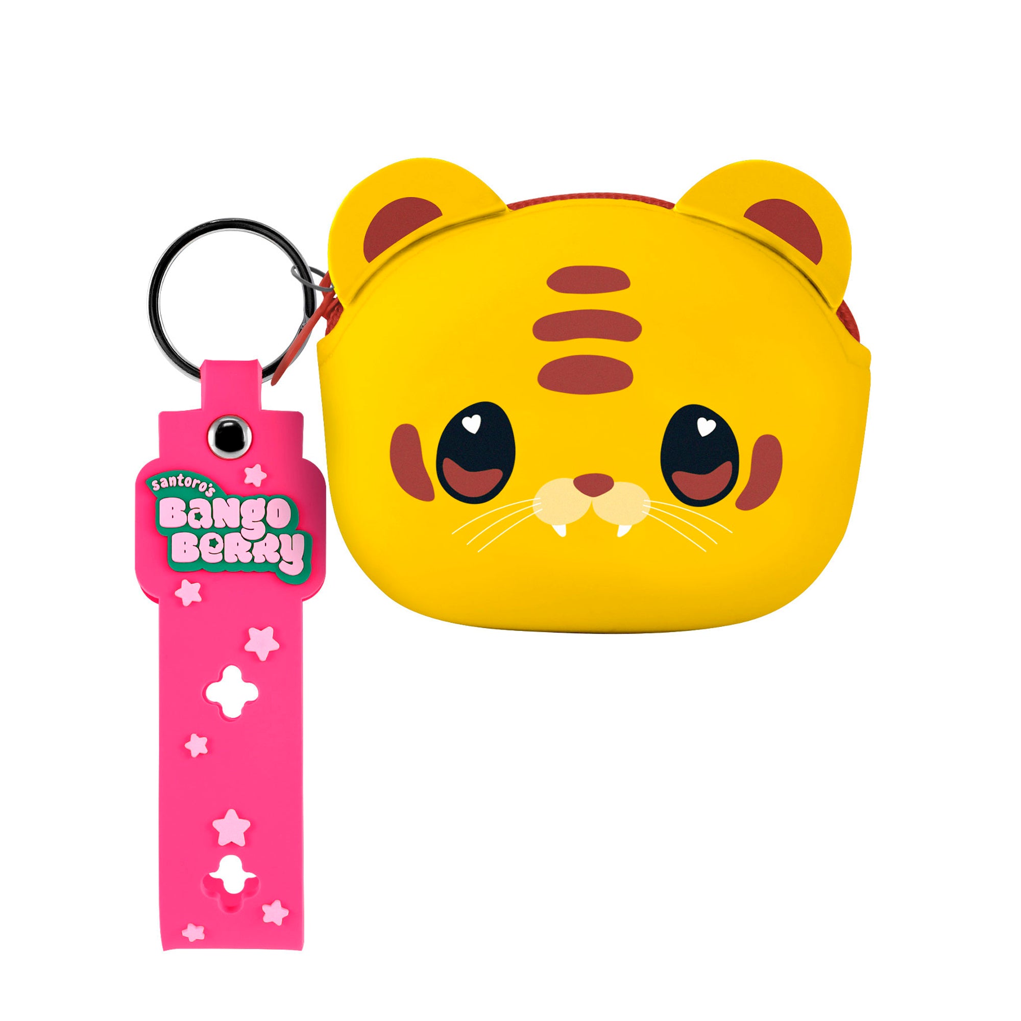 The Santoro Bangoberry Tiggy Tiger Pouch is a small yellow pouch with a cute tiger face and red zipper, attached to a pink keychain strap labeled Bangoberry with white stars—perfect for carrying essentials.