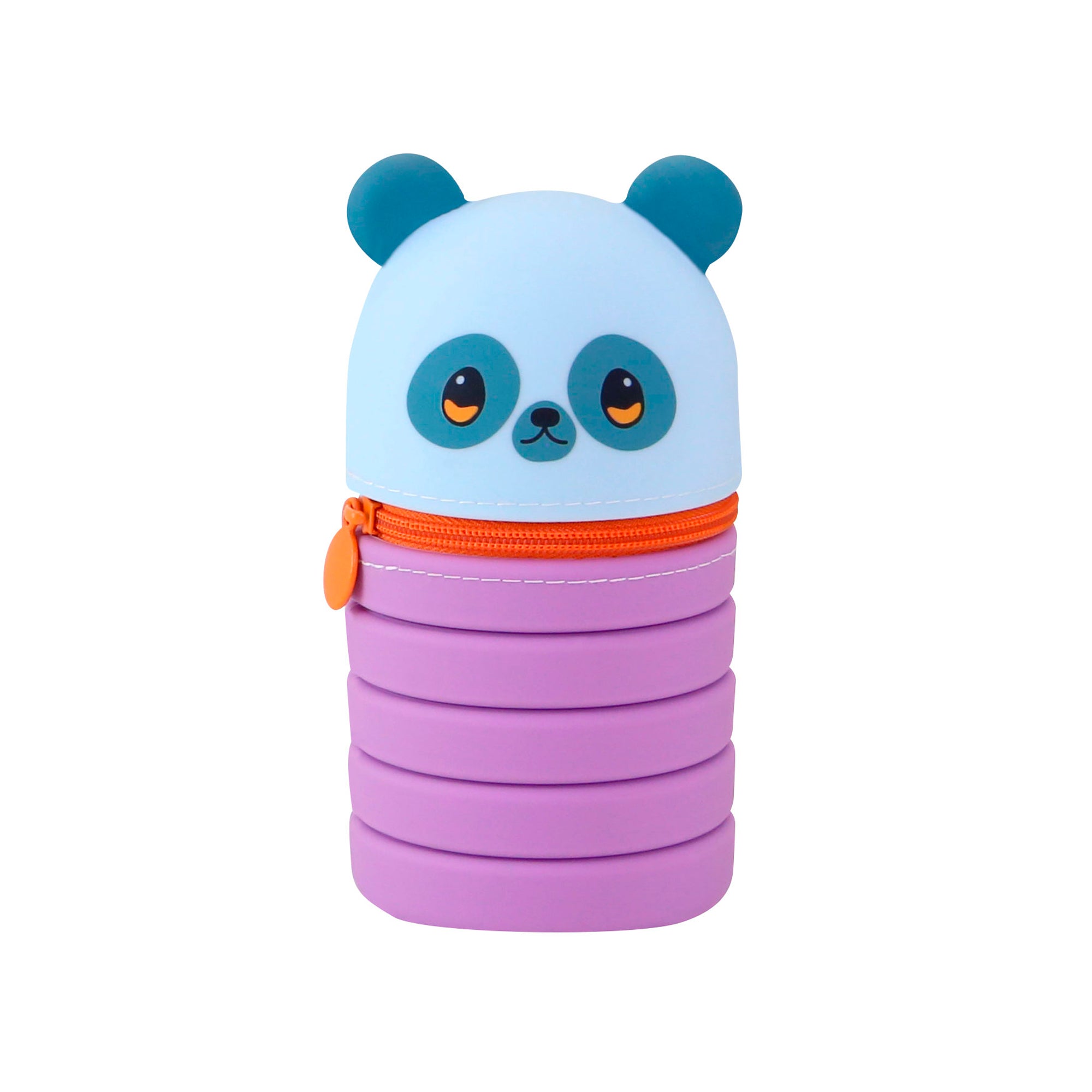 The Santoro Bangoberry Pally Panda Stretchy Pencil Case features a cute blue panda face, blue ears, orange eyes, a red zipper, and a purple ribbed silicone body, shown against a white background.