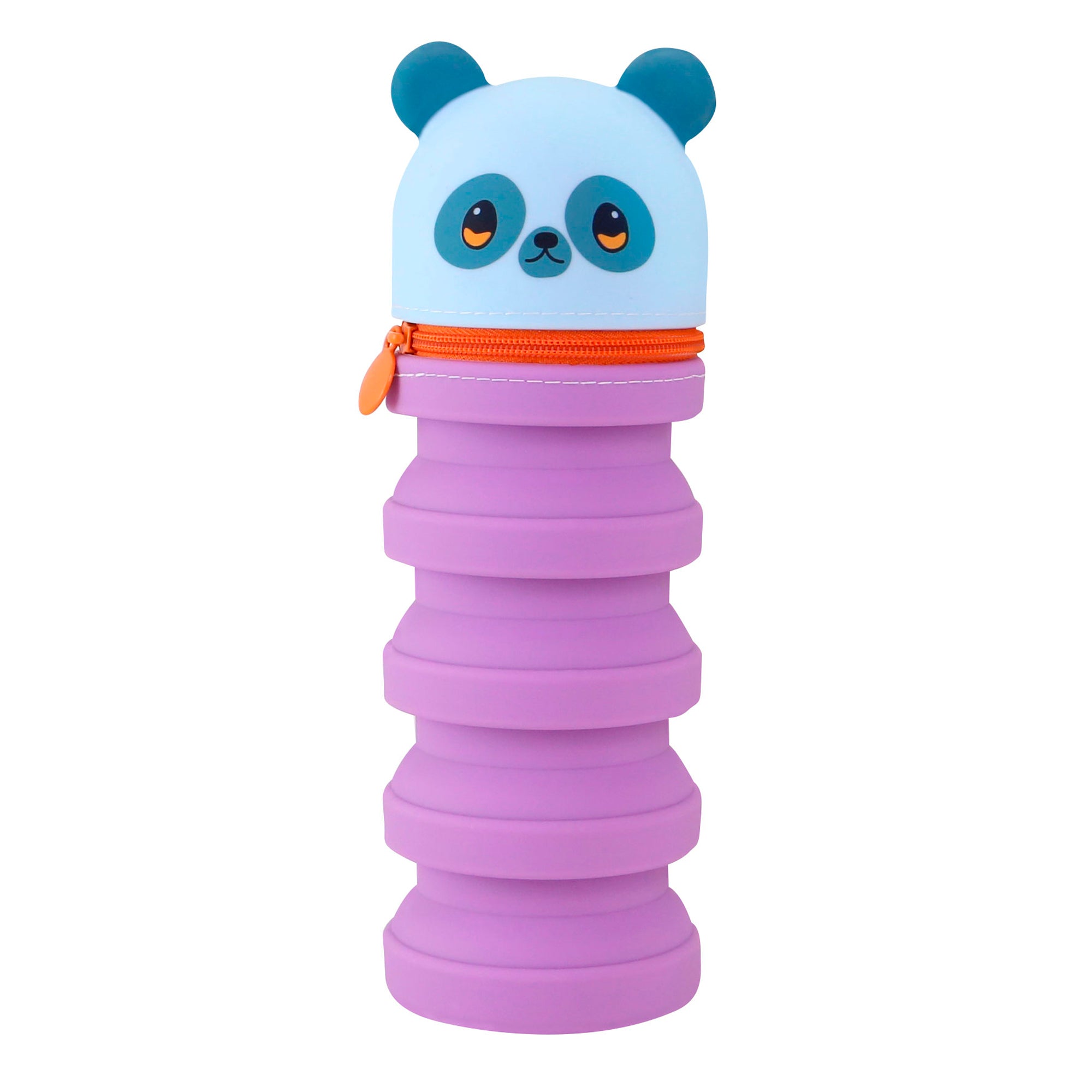 The Santoro Bangoberry Pally Panda Stretchy Pencil Case is a purple, collapsible silicone case with a blue panda face cap and an orange zipper, designed to look like a fun panda pencil case.