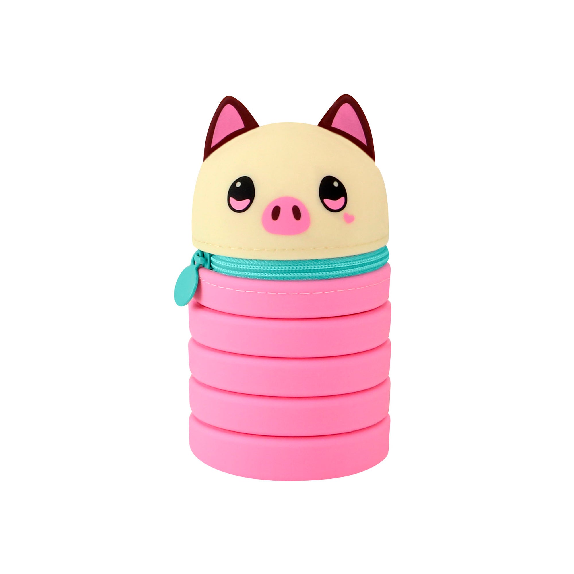 The Santoro Bangoberry Piggy Pig Stretchy Pencil Case is a cute pink case shaped like a pig, featuring a cream head, pink ears, teal zipper mouth, big round eyes, and a heart on its cheek.